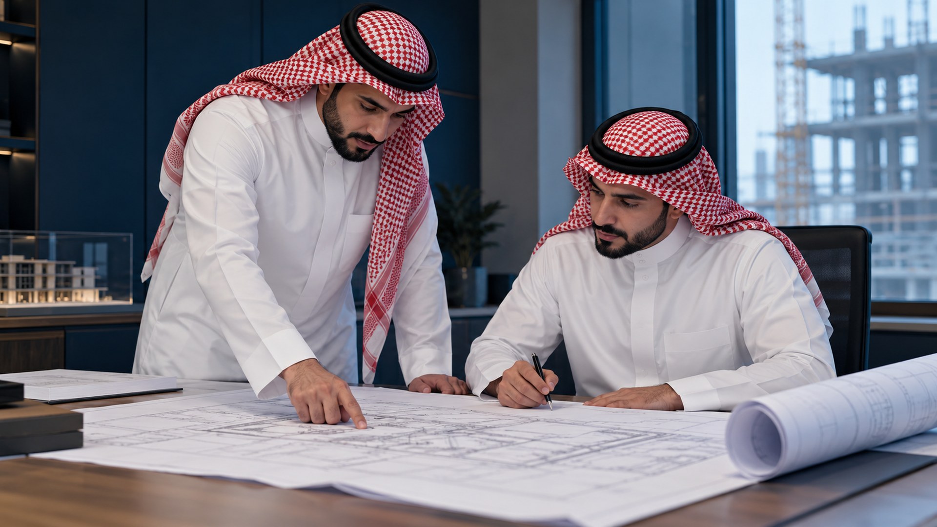 مدير إنشاءات سعودي ينسق مخططات الموقع مع مهندس على طاولة المشروع