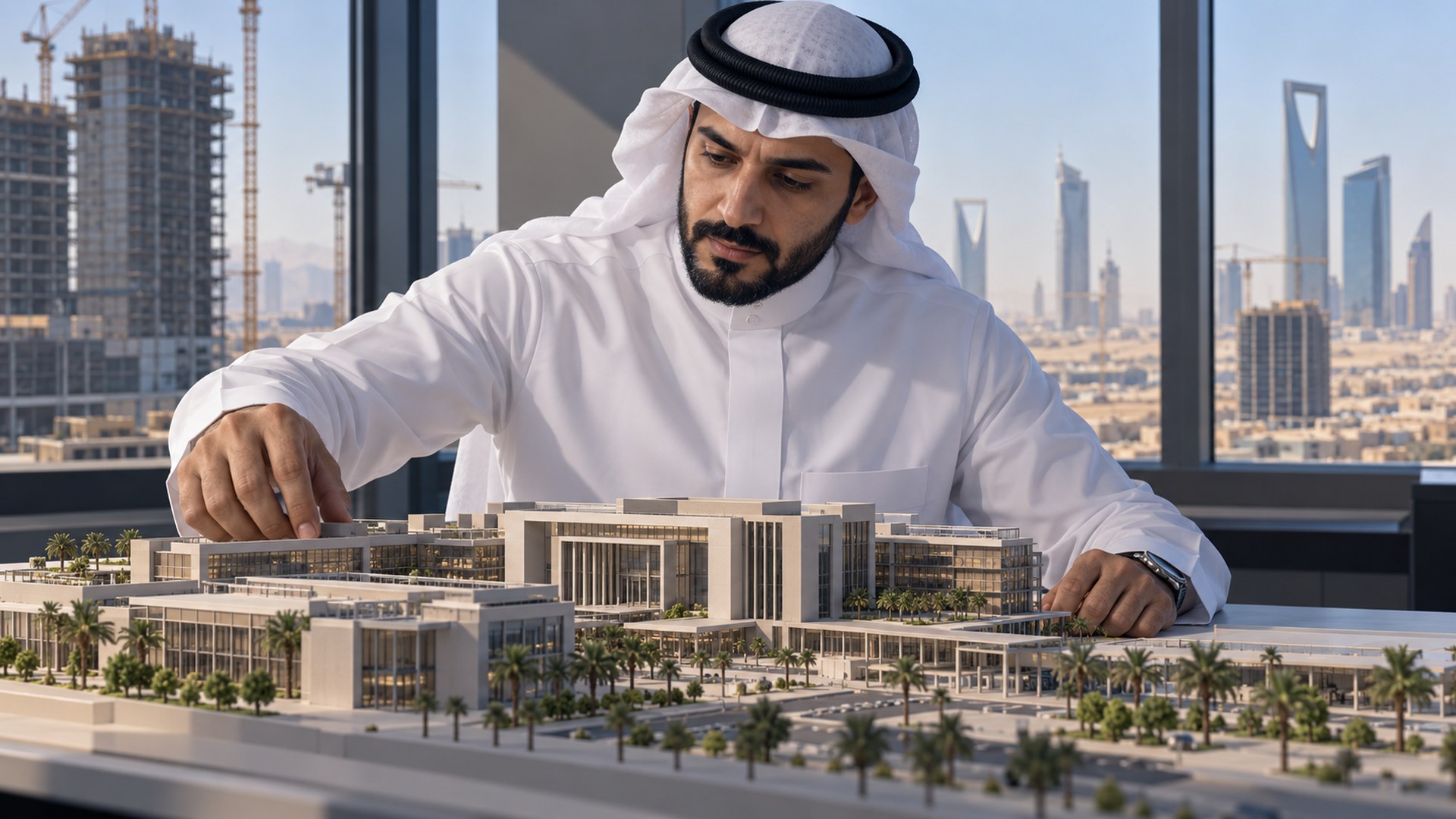 مدير إنشاءات سعودي يراجع مجسم مبنى في مكتب مشروع خليجي
