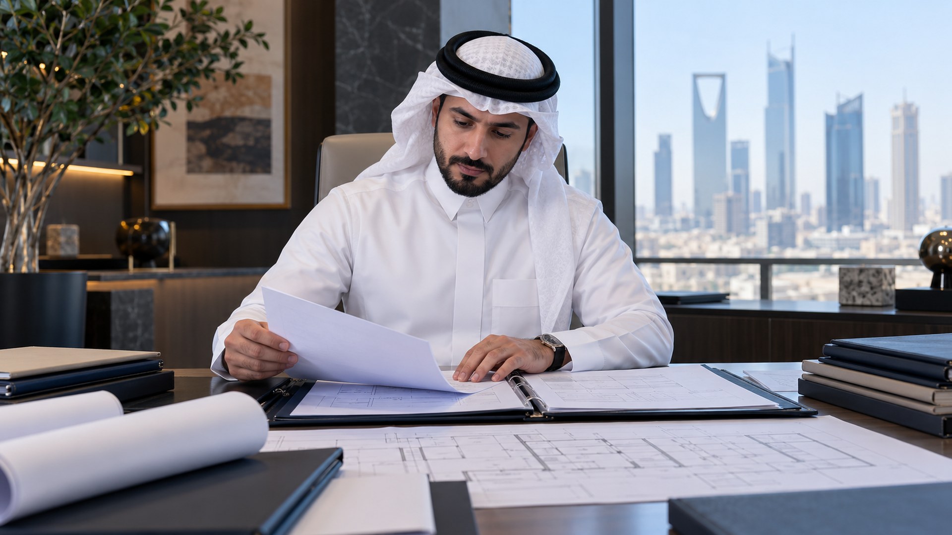 مدير إنشاءات سعودي يراجع معايير المشروع الحالية مرتبة على مكتبه