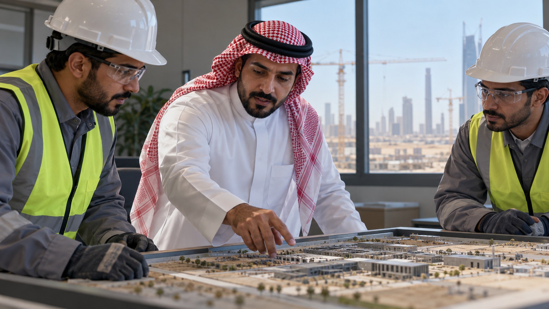مدير إنشاءات سعودي يراجع سير العمل مع مهندسين بسترات السلامة في مكتب الموقع