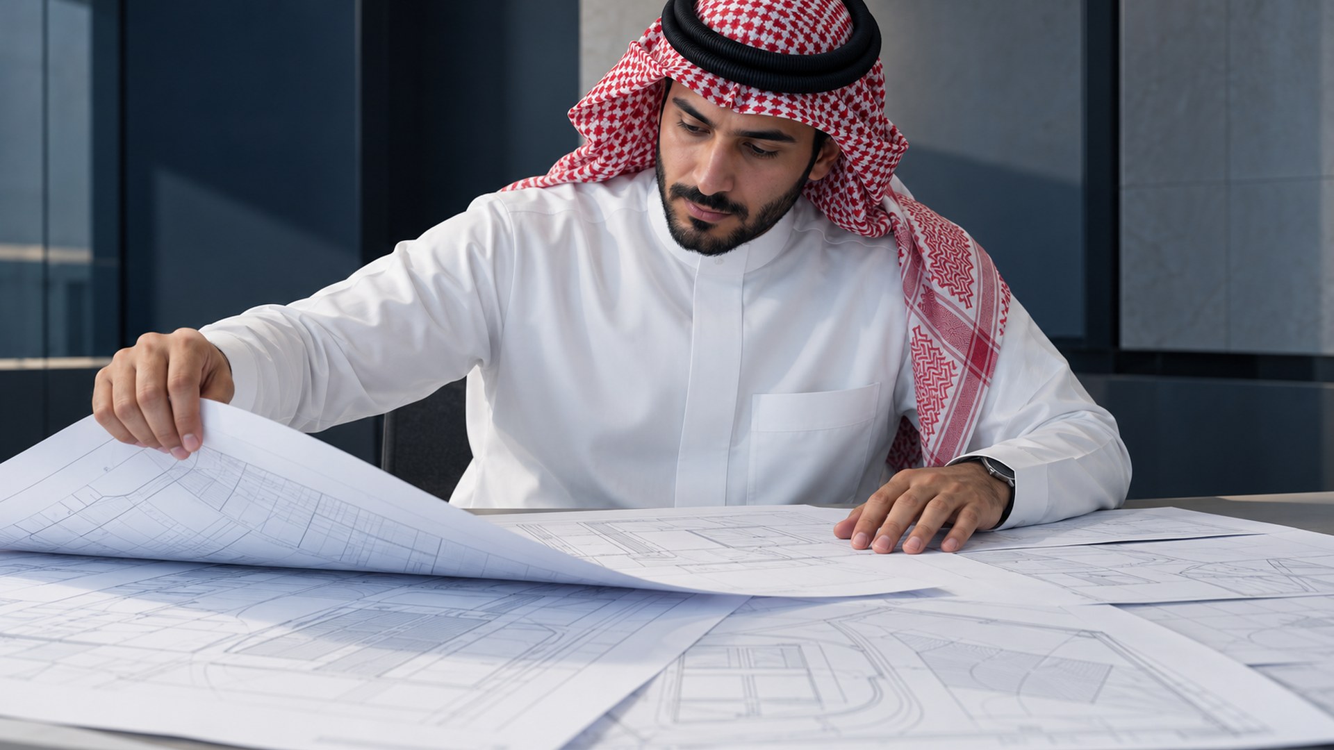 مخطط إنشاءات سعودي يرتب جدول المشروع الورقي ومخططات الموقع على مكتبه