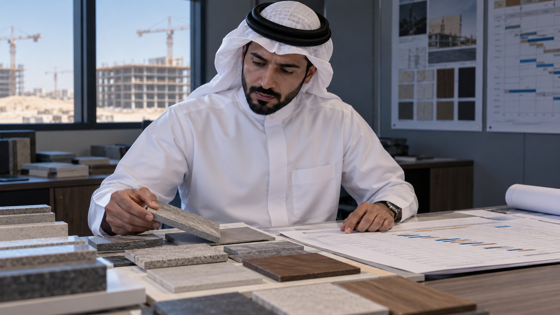 مخطط إنشاءات سعودي يراجع عينات مواد مرتبة وتقويم التوريد في مكتب الموقع