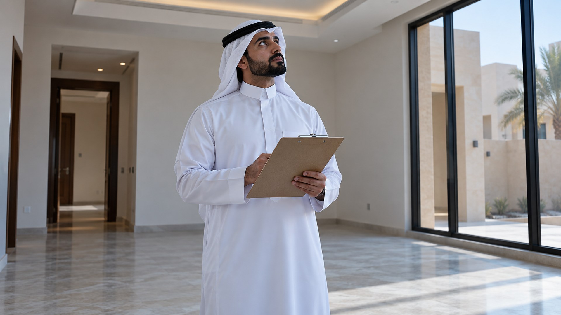 مختص إنشاءات سعودي يفحص غرفة سكنية مكتملة وفارغة ومعه لوح كتابة