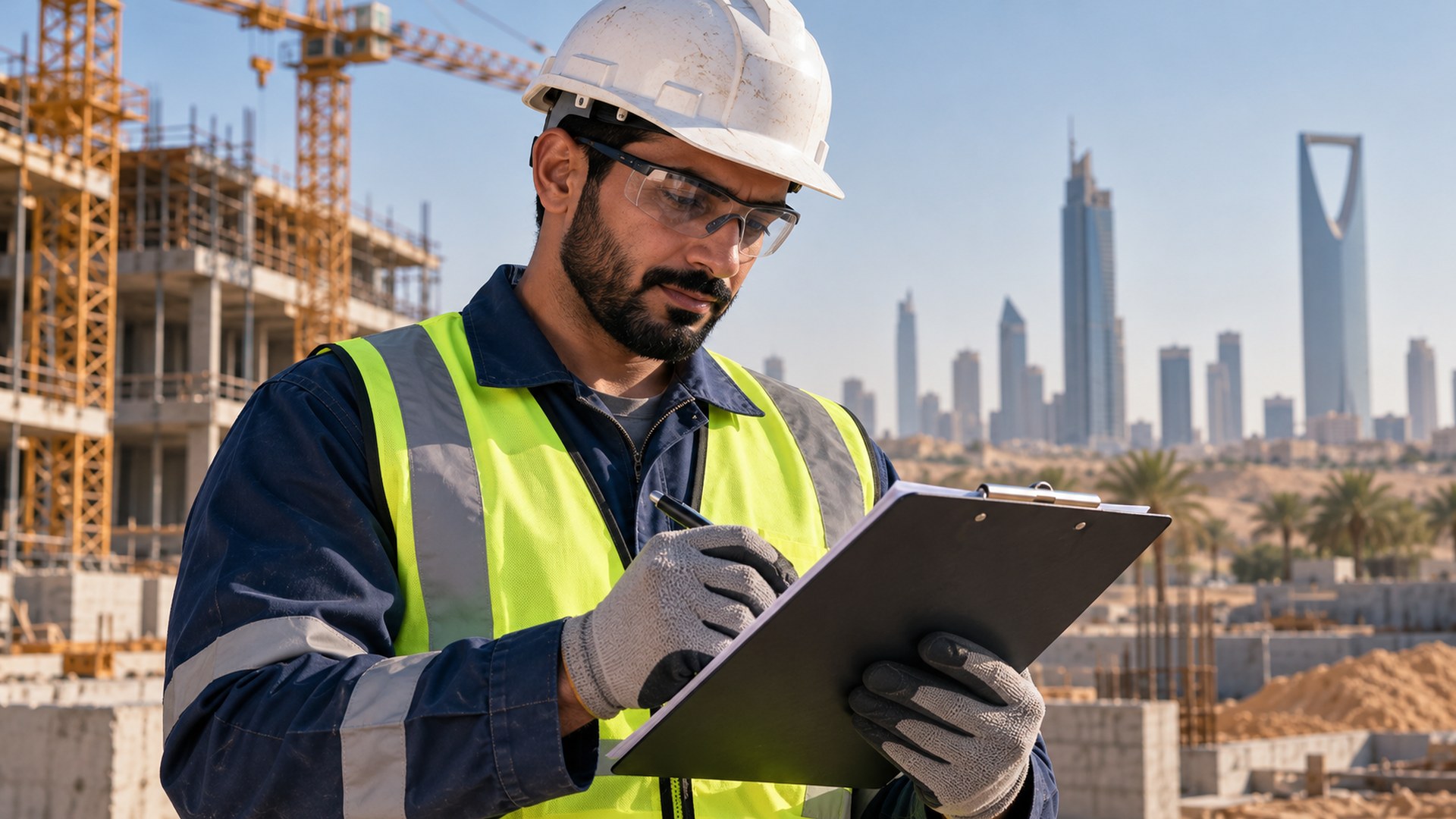 مشرف إنشاءات سعودي يعبّي قائمة الفحص اليومي الموحدة على لوح كتابة