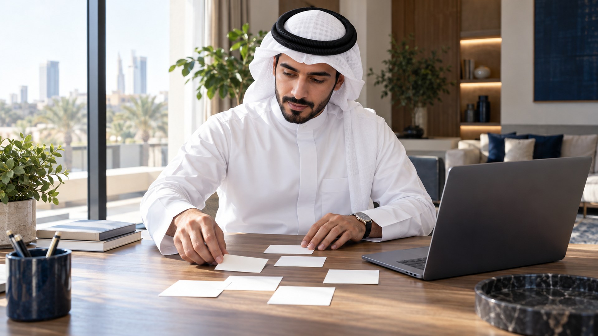 صانع محتوى سعودي يرتب بطاقات تخطيط بجانب اللابتوب في مساحة عمل منزلية