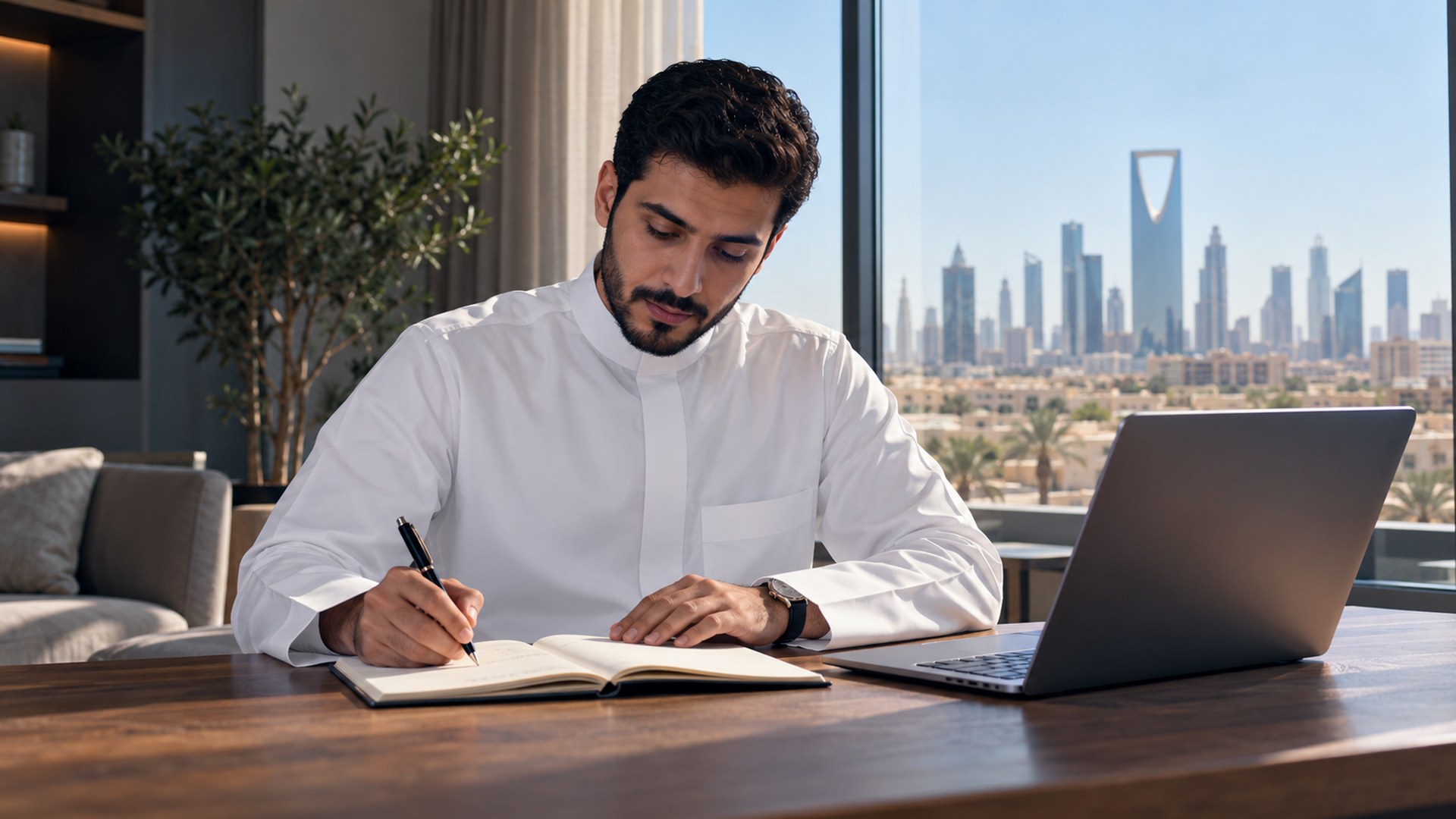 صانع محتوى سعودي يدوّن ملاحظاته في دفتر بجانب لابتوب في غرفة مشمسة