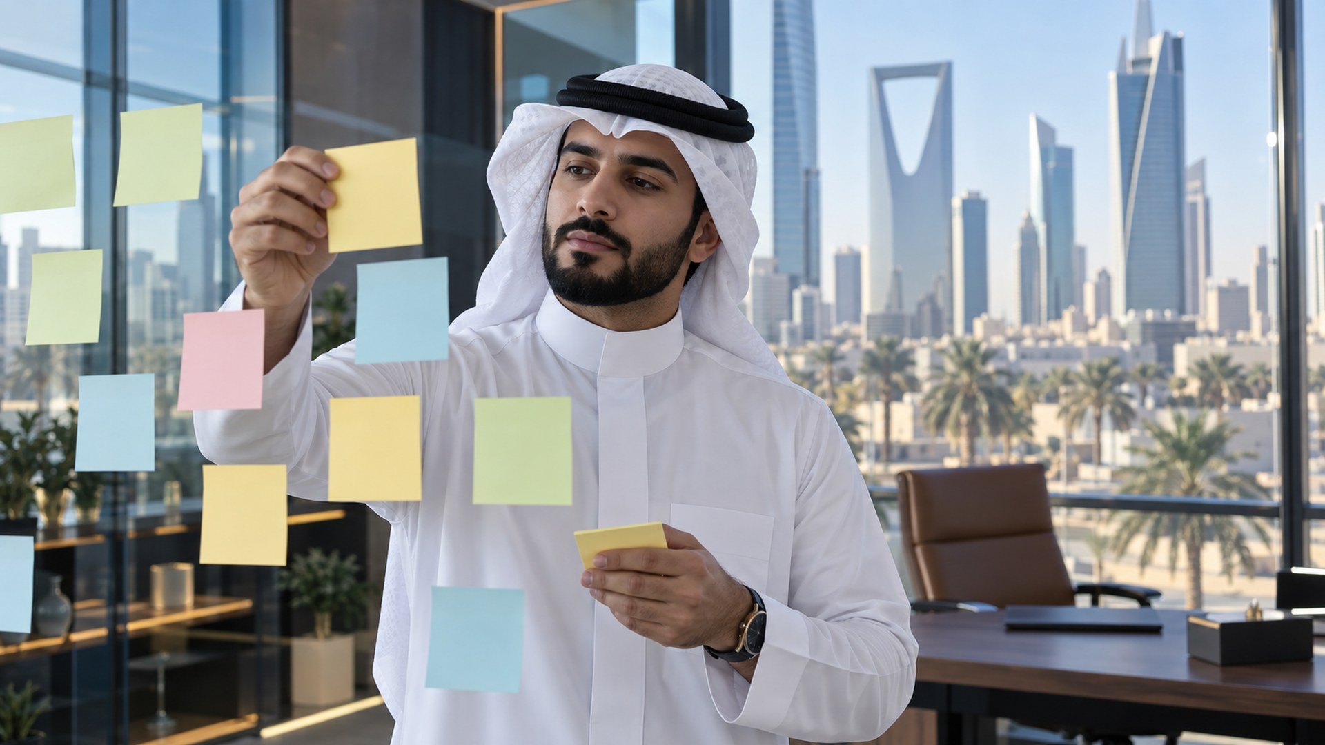 صانع محتوى سعودي يرتّب أوراقاً لاصقة على لوح زجاجي في مكتب حديث بالرياض