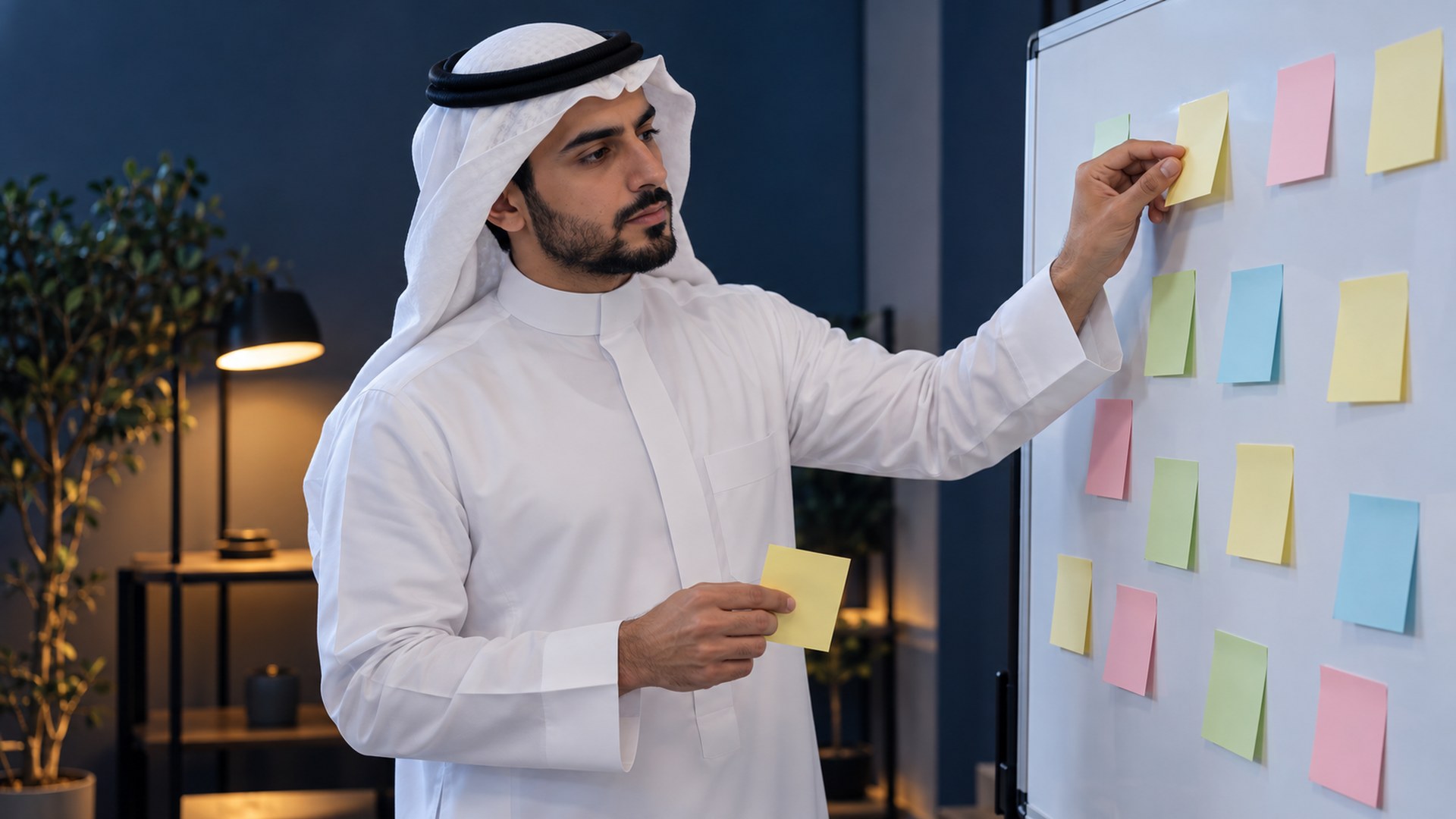 صانع محتوى سعودي يخطط أفكاره على سبورة أوراق لاصقة في استوديو صغير