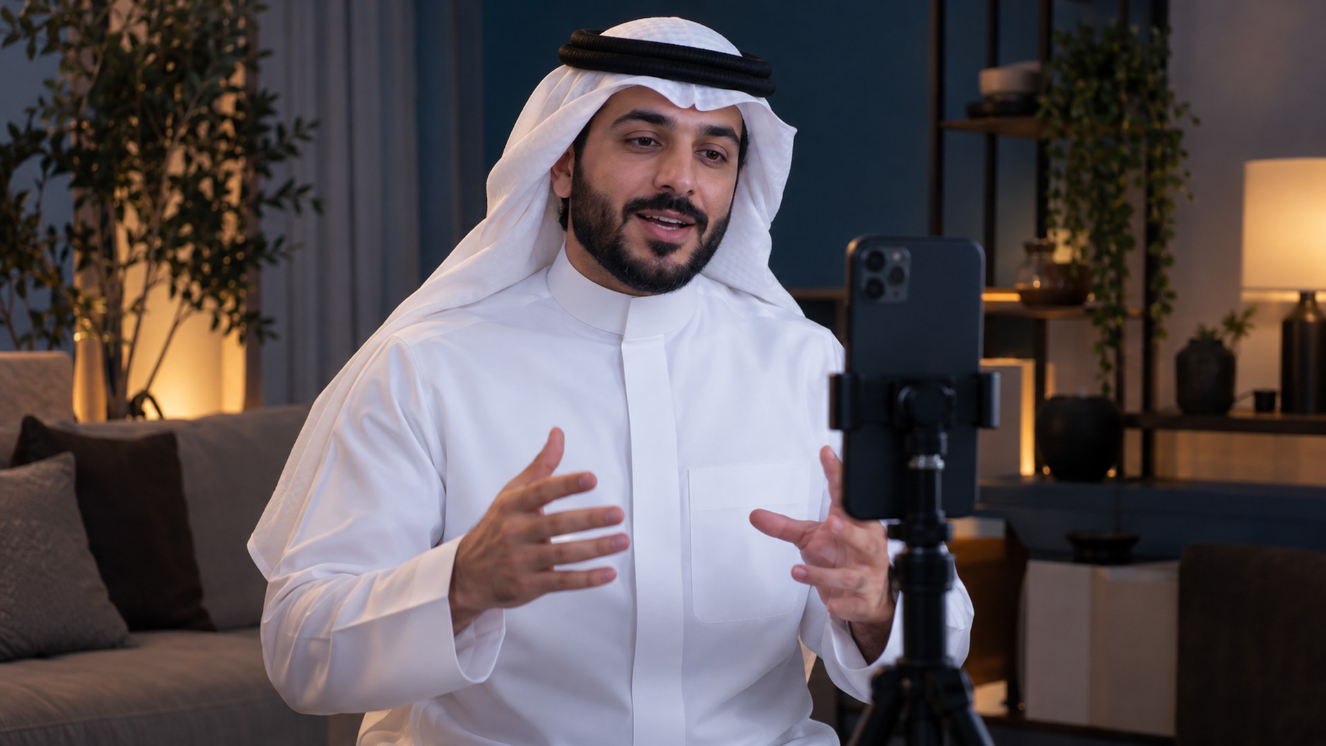 صانع محتوى سعودي يصوّر فيديو قصيراً بجوال على حامل في استوديو منزلي