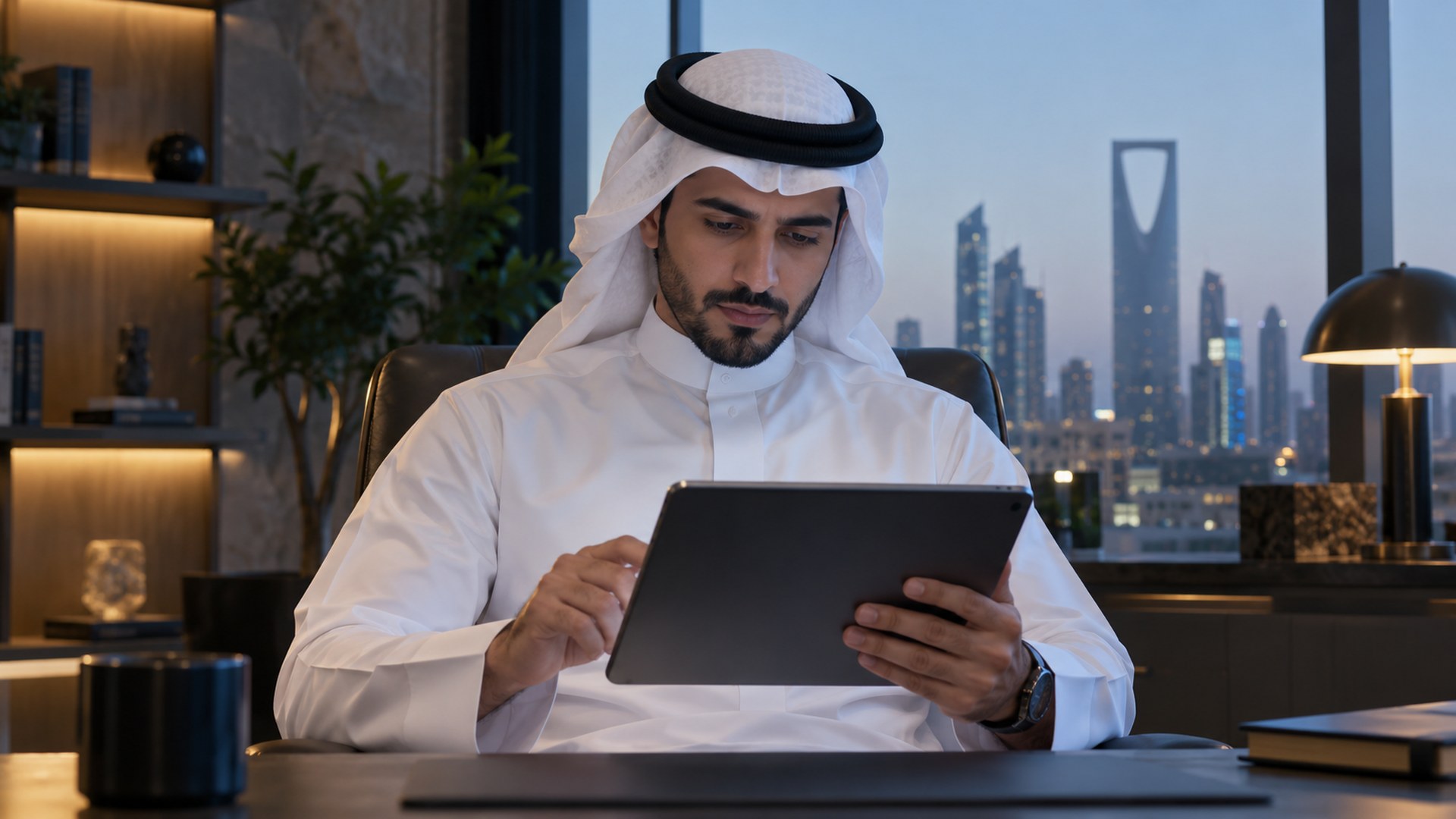 صانع محتوى سعودي يراجع مخطط مقال واضح الأقسام على جهاز لوحي