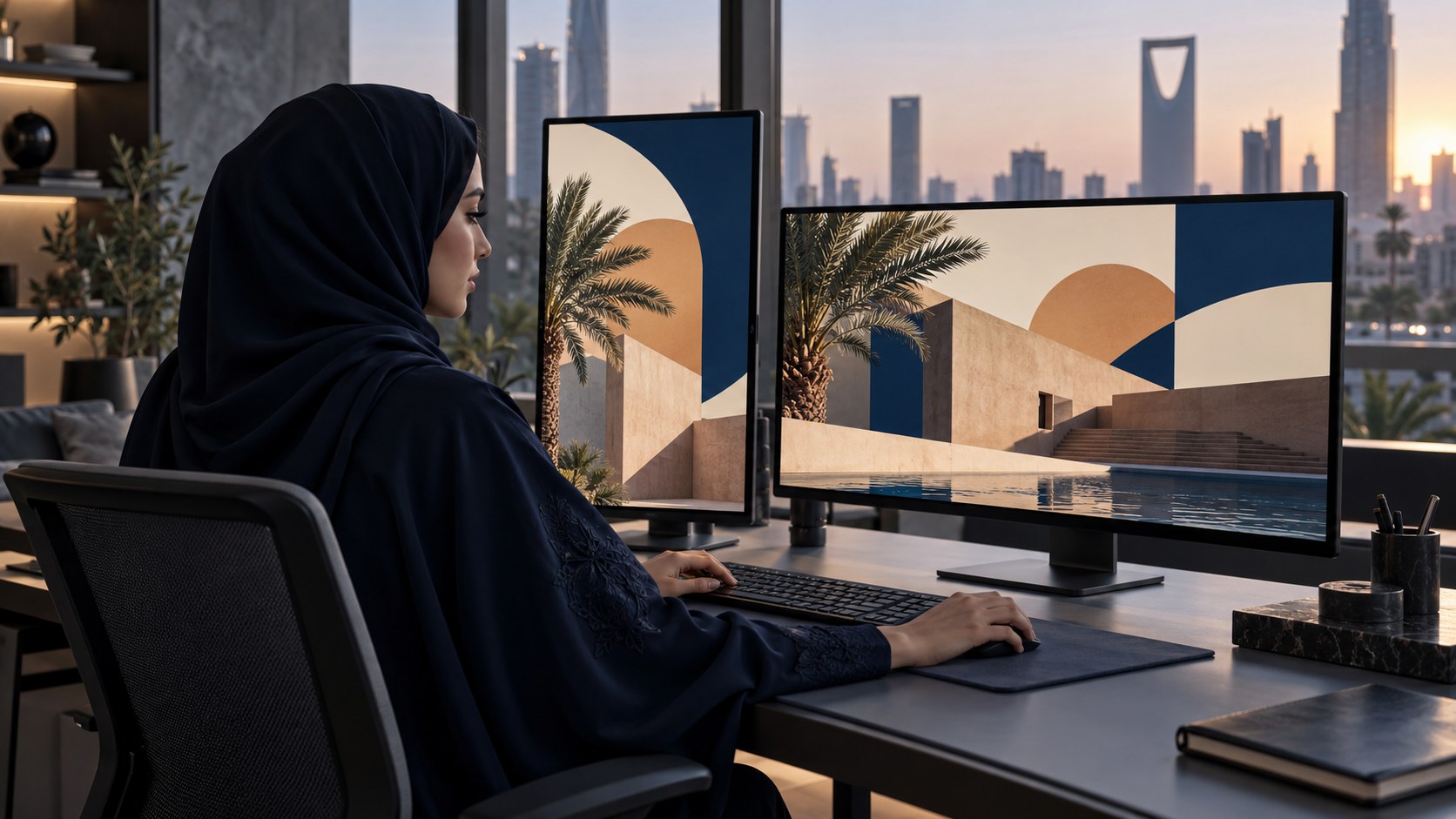 مصممة محتوى سعودية تجهّز نفس التصميم بنسختين للجوال والكمبيوتر على شاشتين