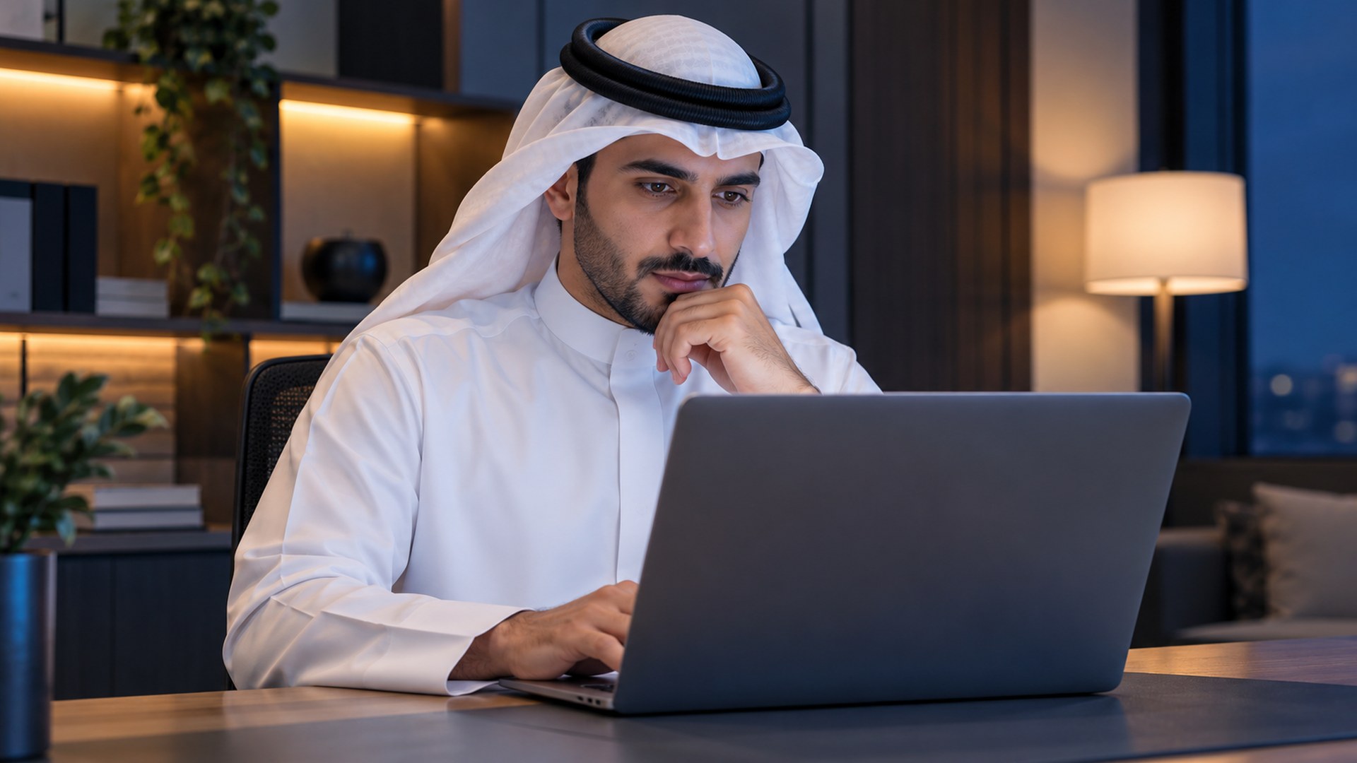 محرر محتوى سعودي يراجع صفحة على اللابتوب بعناية