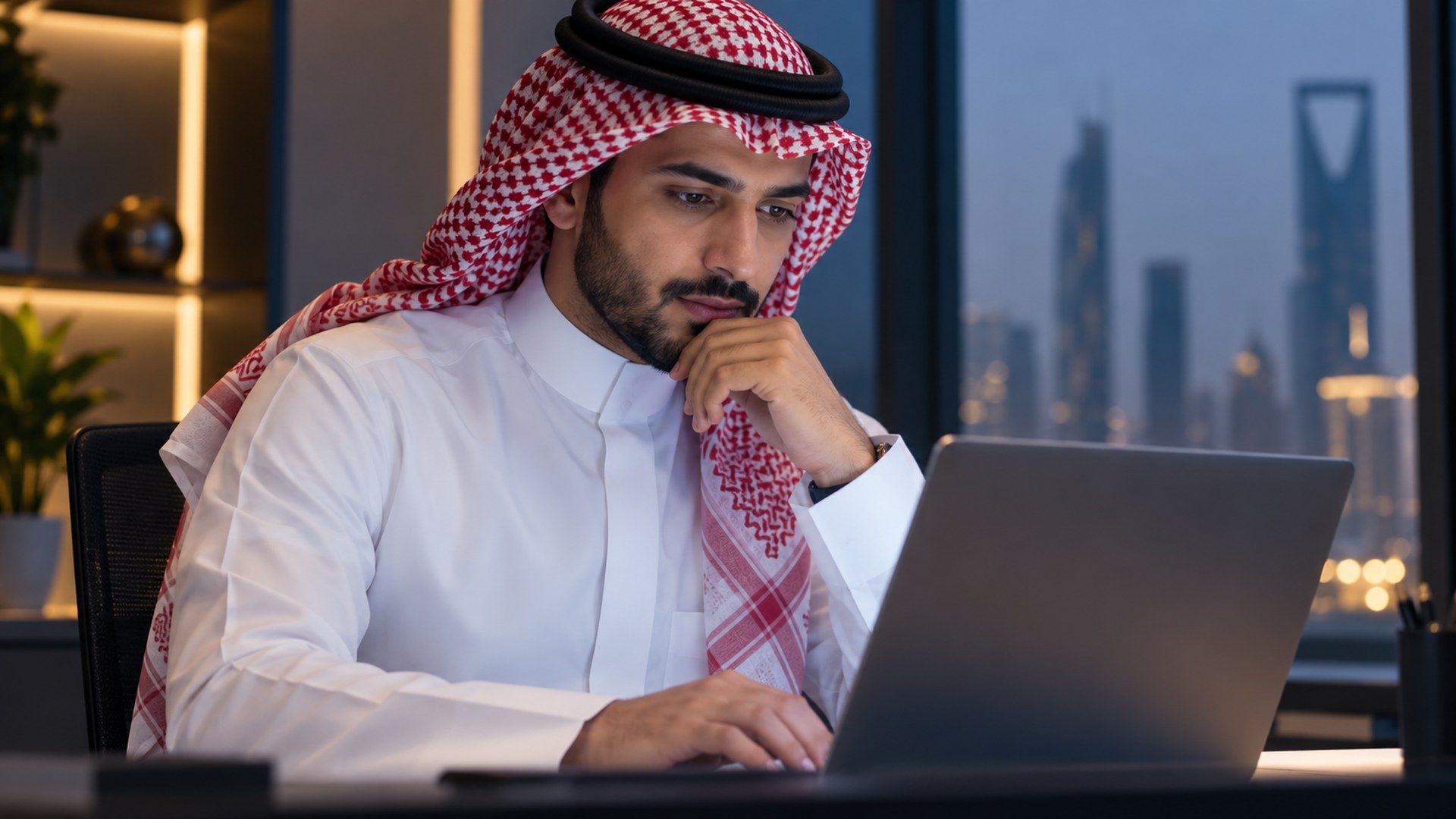 محرر محتوى سعودي يراجع صفحة على اللابتوب بتأمل