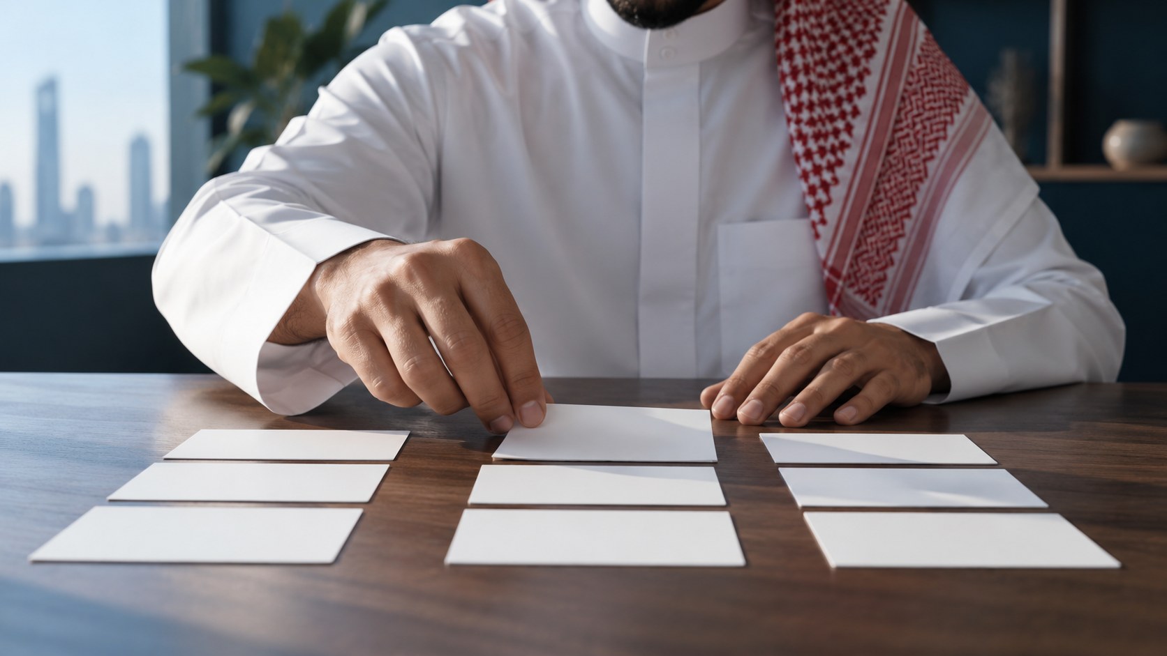 مخطط محتوى سعودي يرتب بطاقات المهام في سير عمل واضح على مكتبه