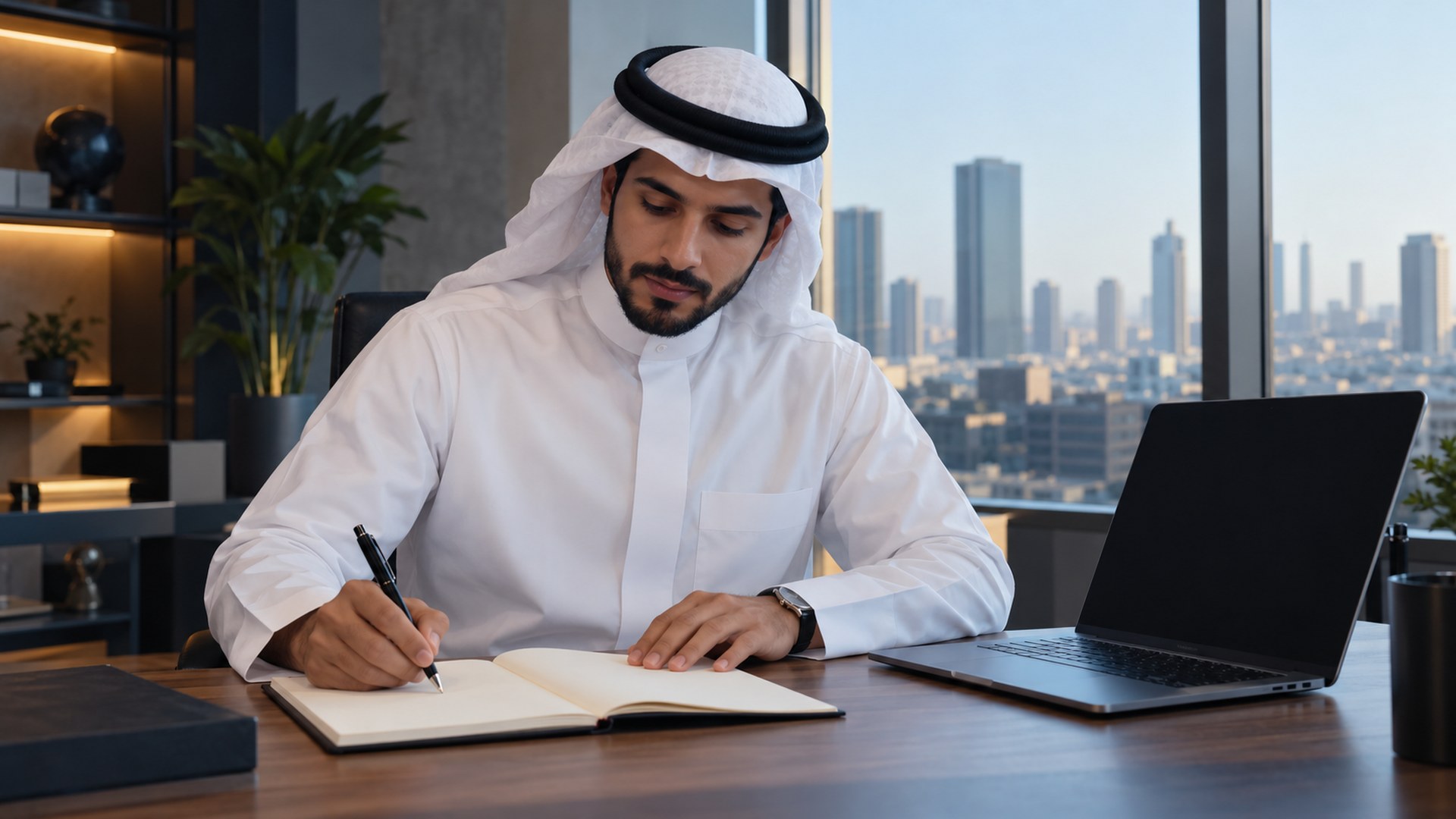 مخطط محتوى سعودي يكتب أهداف الجمهور في دفتر قبل أن يفتح برنامج التصميم