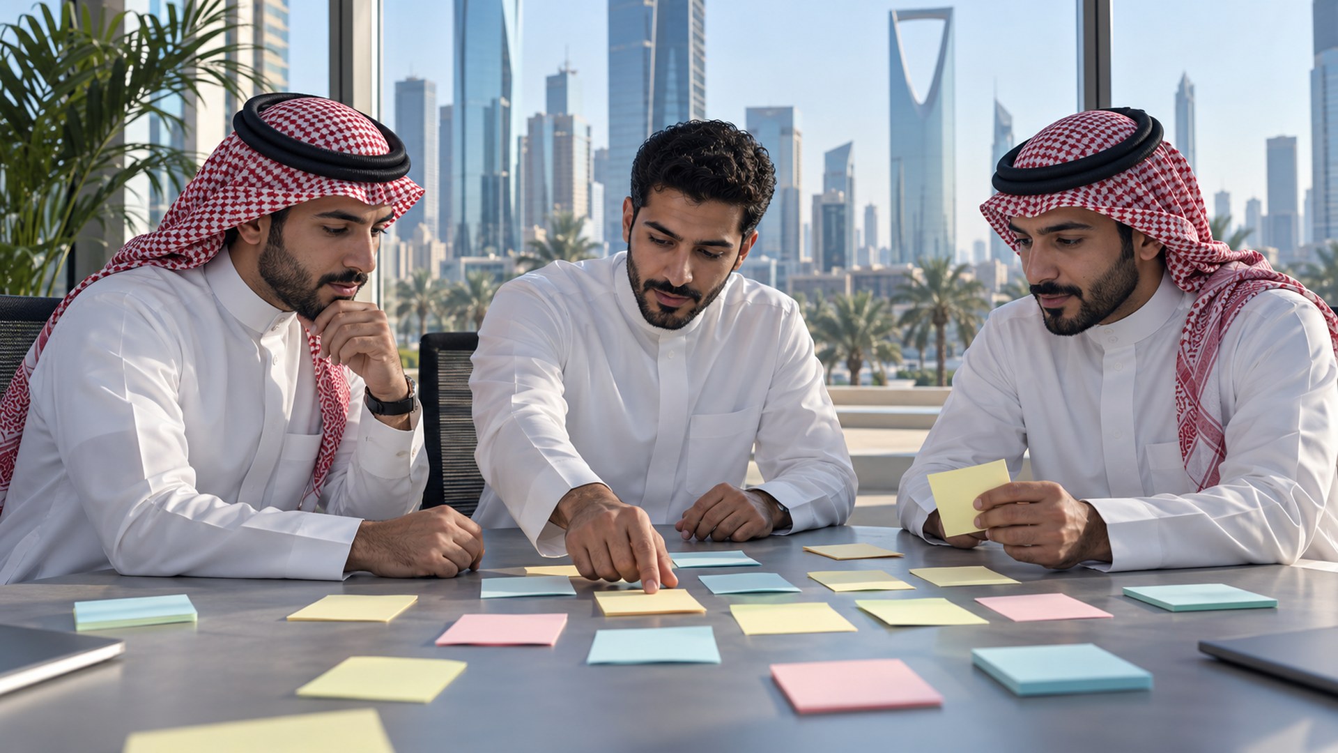فريق محتوى سعودي يتبادل الأفكار حول طاولة عليها أوراق لاصقة