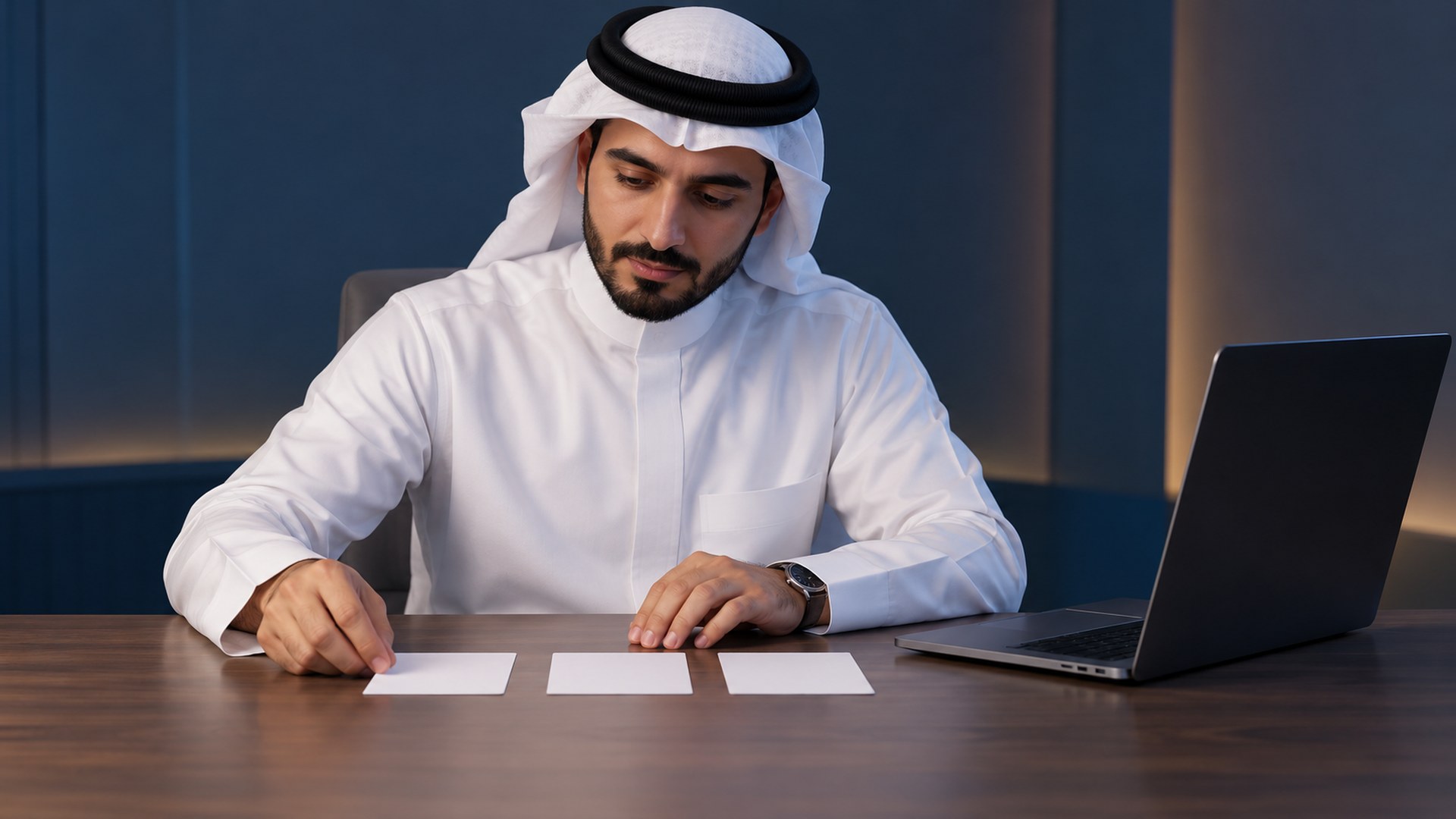 كاتب محتوى سعودي يرتب ثلاث بطاقات تخطيط بجانب اللابتوب