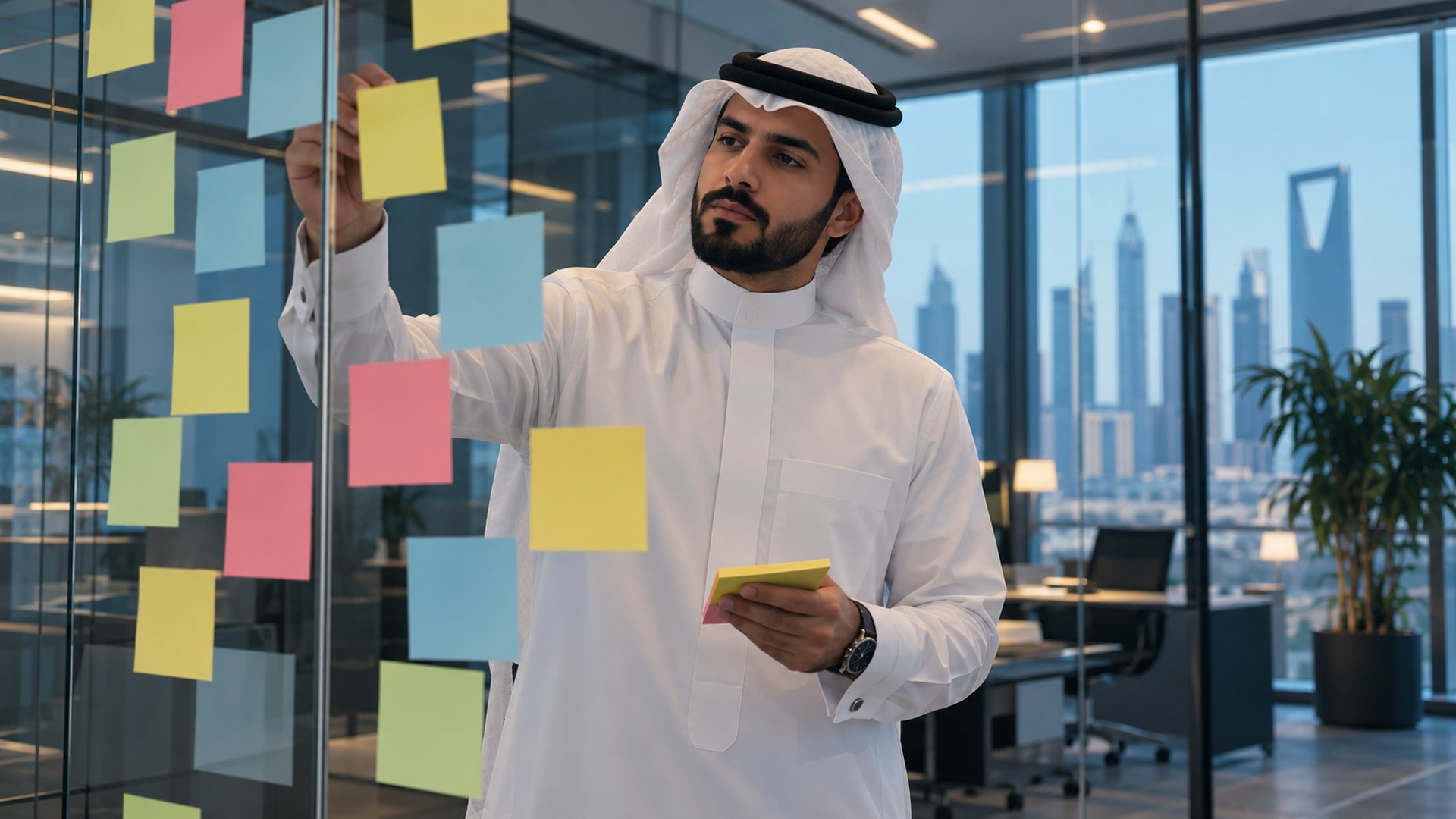 كاتب محتوى سعودي ينظم مخطط مقال بأوراق لاصقة على جدار زجاجي