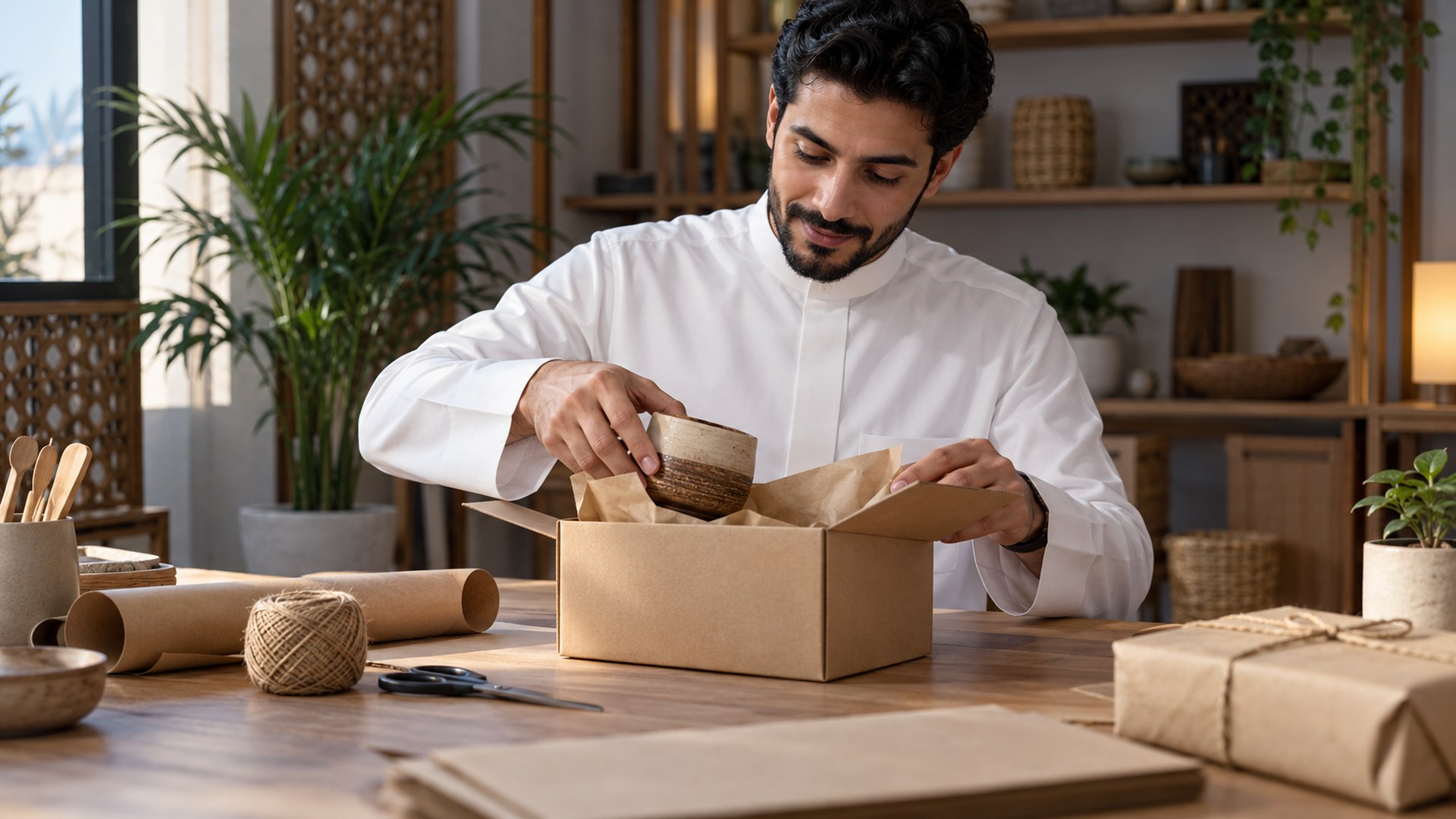 مستقلة سعودية مبدعة تغلّف طلب منتج يدوي في استوديو منزلي مرتب