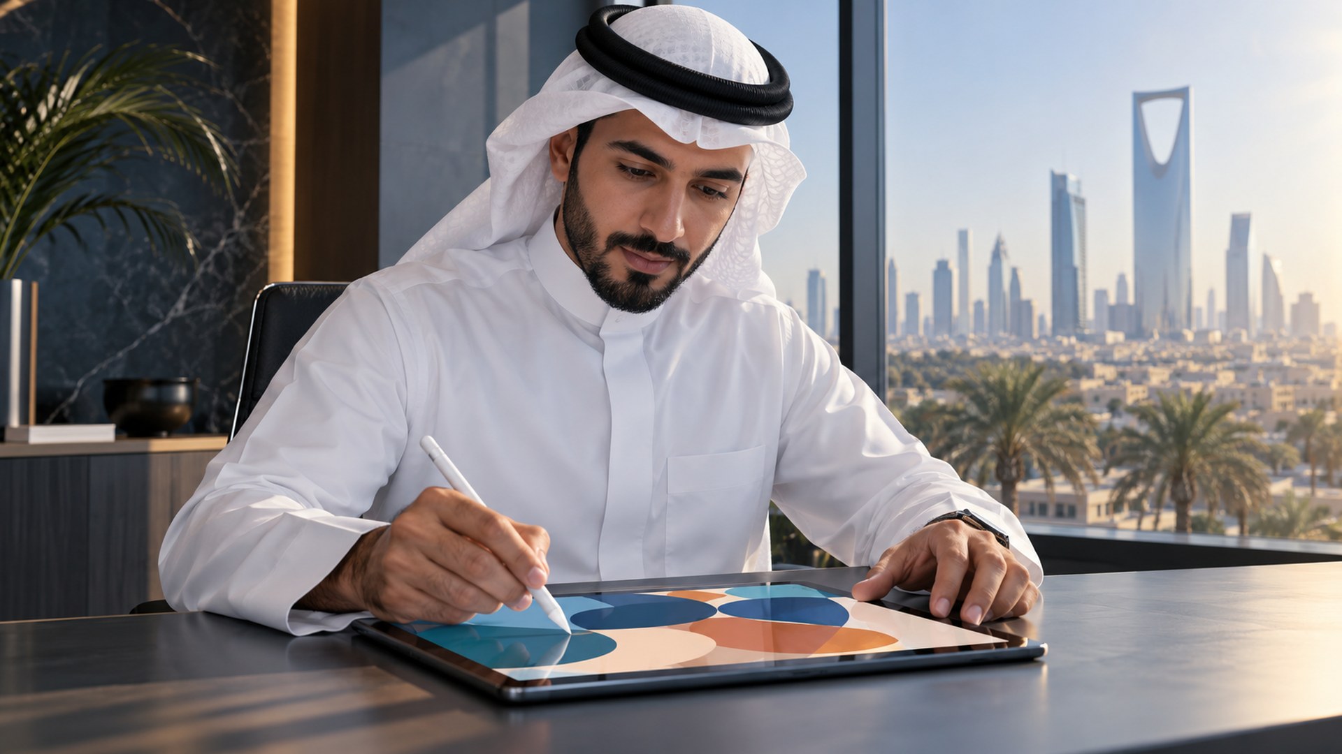 مصمم سعودي يعدّل عناصر بصرية على جهاز لوحي بالقلم في مكتب مشمس