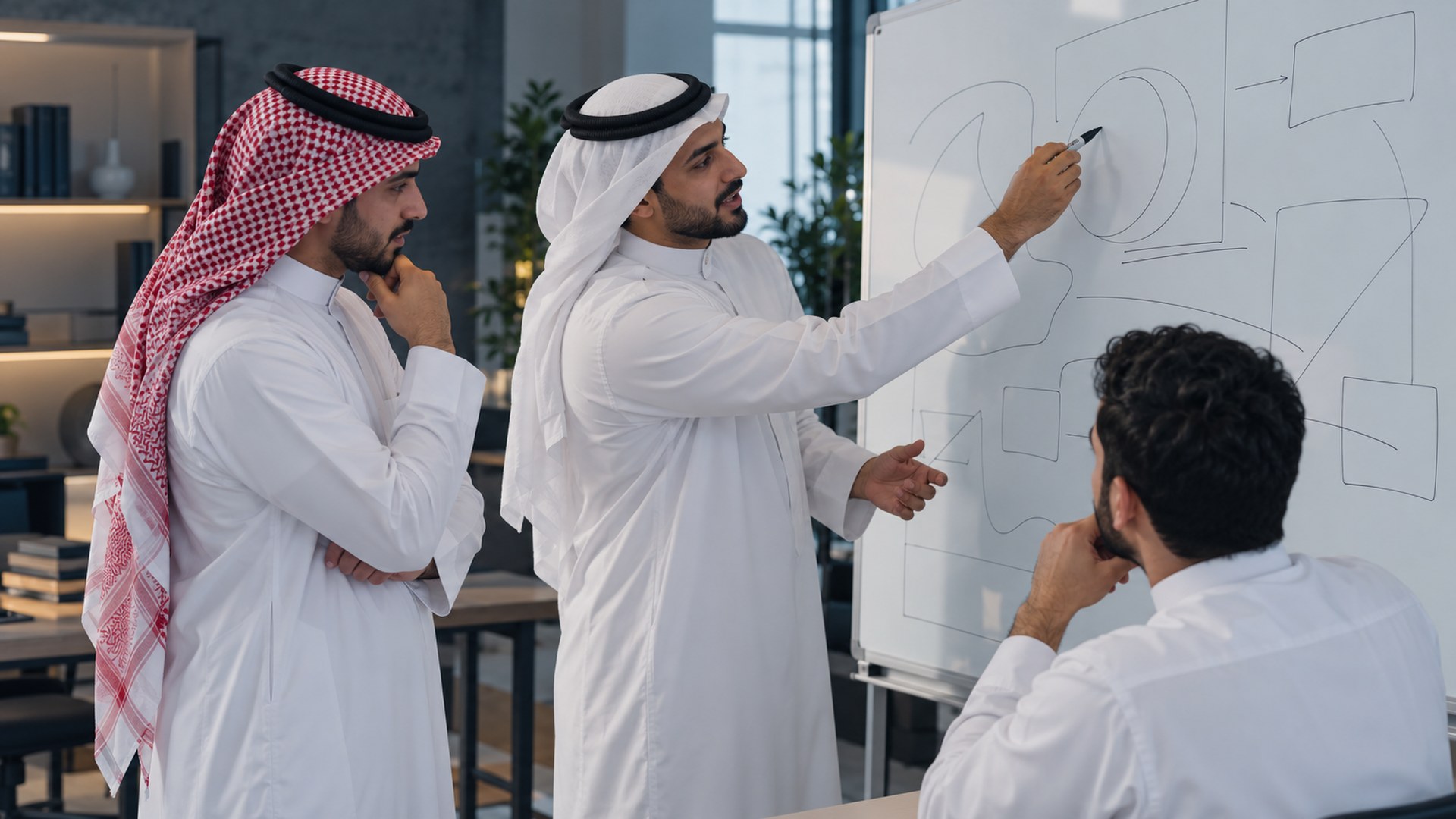 فريق إبداعي سعودي صغير يخطط معاً حول سبورة رسومات في استوديو بسيط
