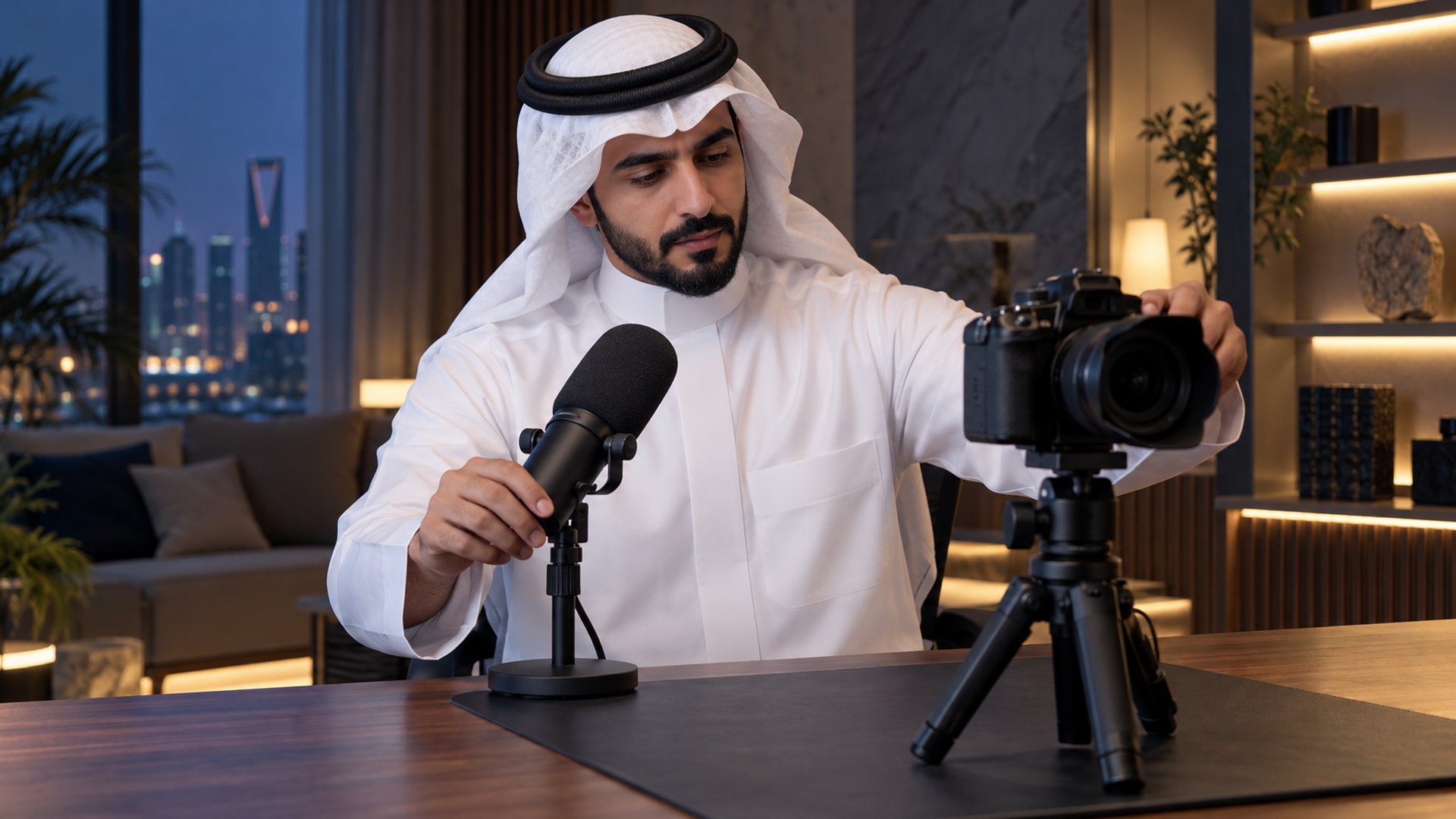 صانع محتوى سعودي يجهز مايكروفوناً وكاميرا على مكتبه
