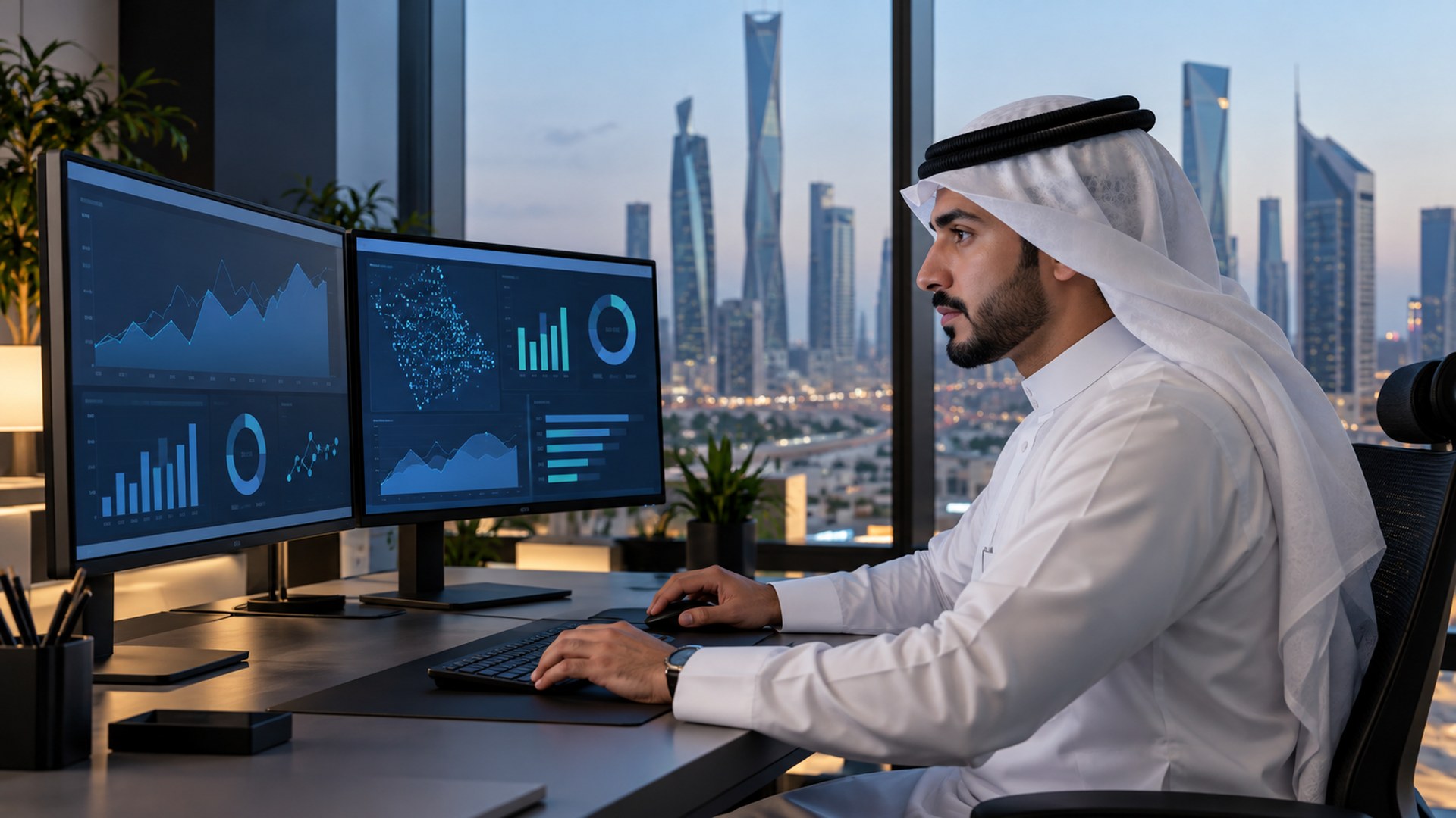 محلل بيانات سعودي أمام شاشتين تعرضان رسوماً ولوحات بيانات في مكتب بالرياض