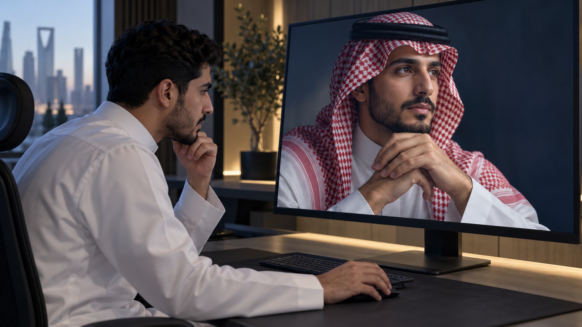 مصمم سعودي يكبّر صورة رقمية على الشاشة ليفحص تفاصيل اليدين والظلال