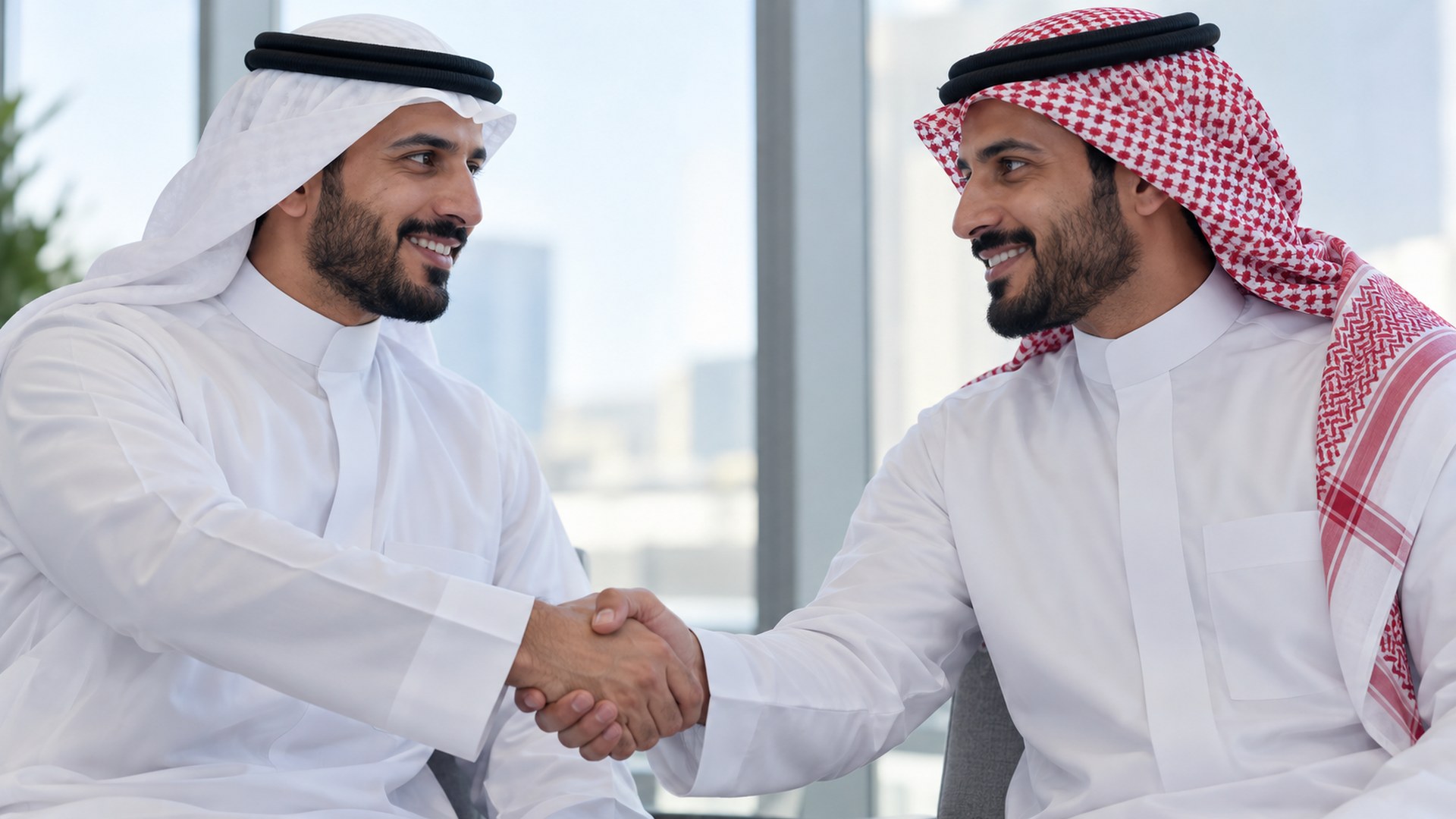 مبرمج سعودي وعميله يتصافحان في بداية المشروع