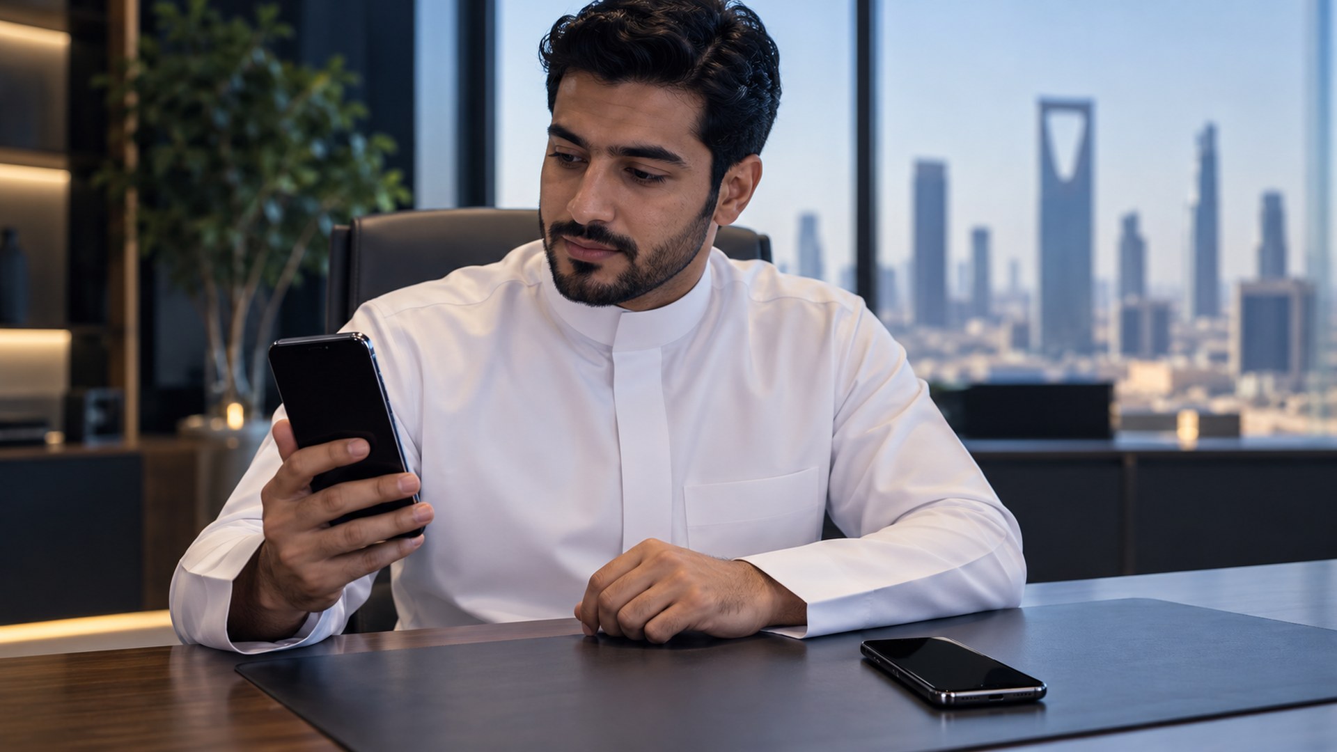 مبرمج سعودي يمسك جوالاً بجانب جوال ثانٍ على مكتب مرتب