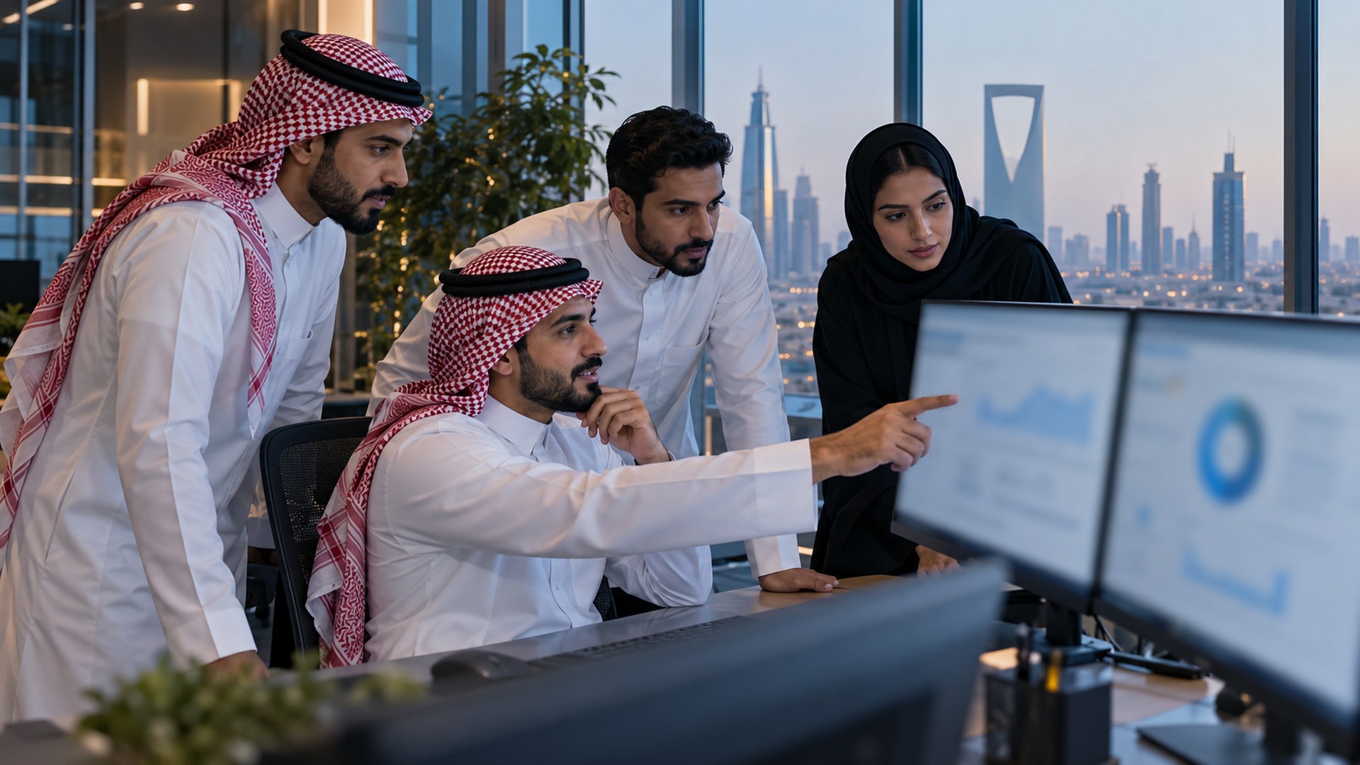 فريق تسويق رقمي سعودي يراجع أداء البحث معاً في مكتب بالرياض