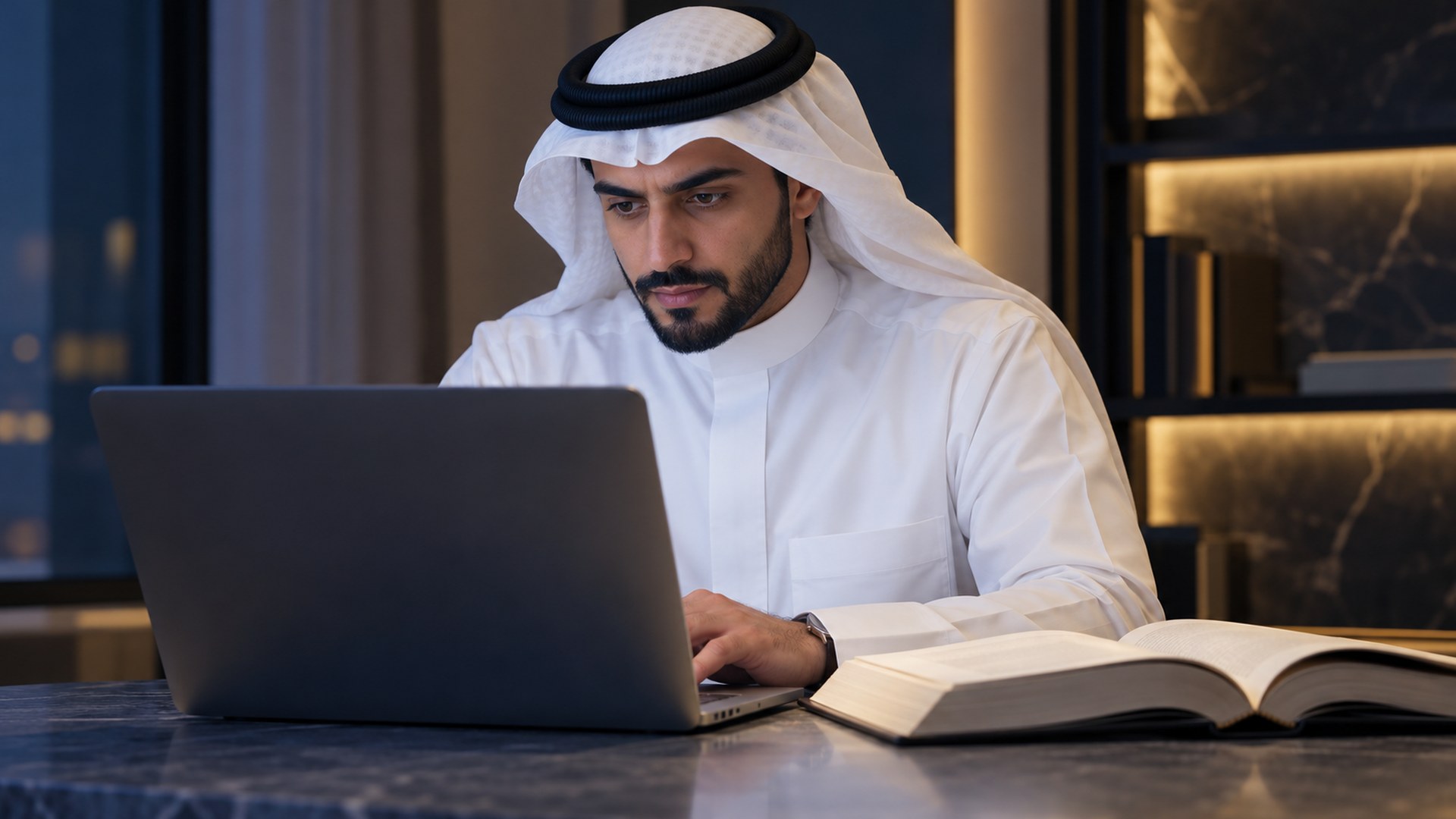 محرر سعودي يدقق في اللابتوب بجانب كتاب مرجعي مفتوح
