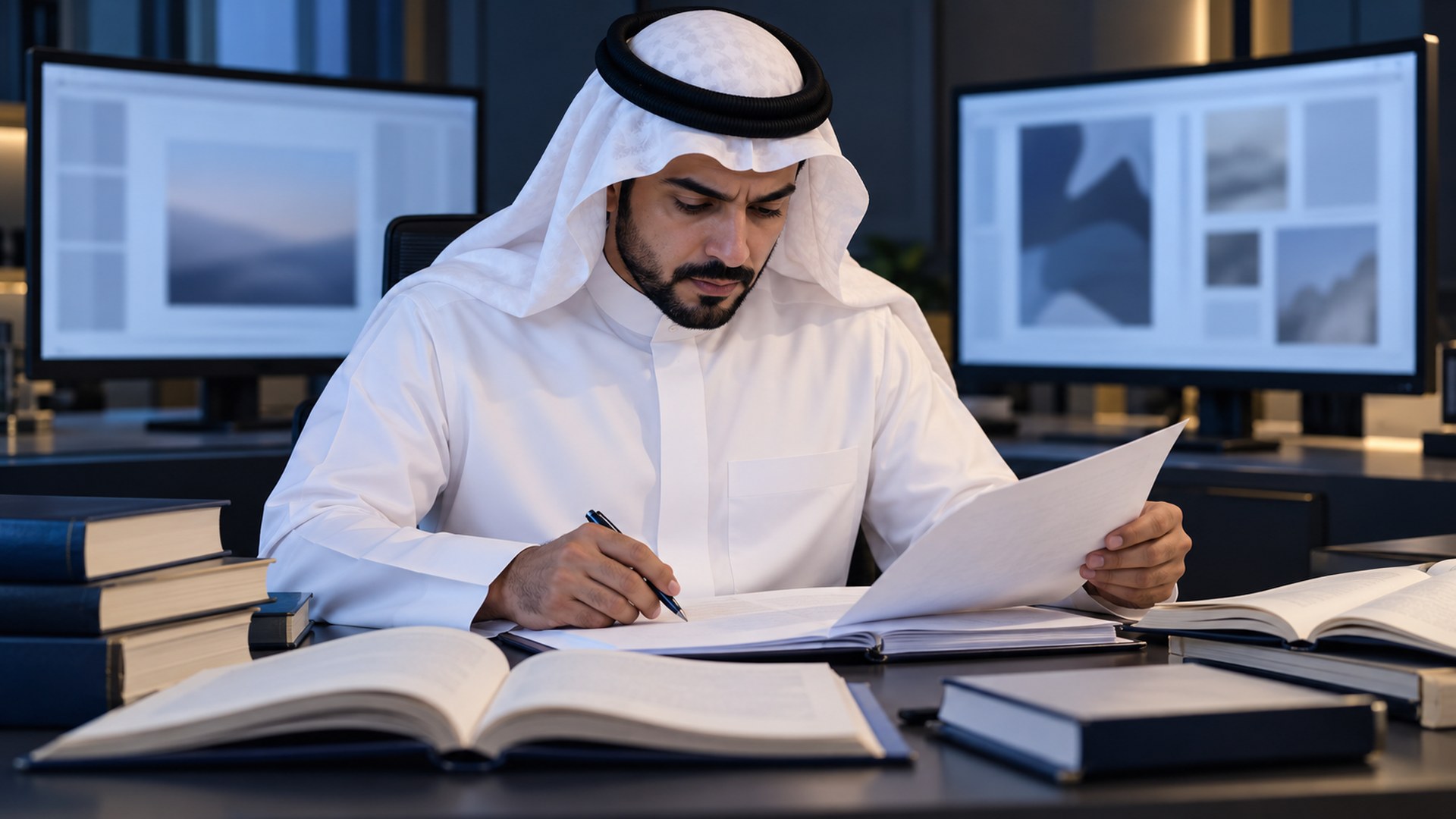 محرر سعودي يتحقق من المعلومات أمام شاشتين وكتب مراجع مفتوحة