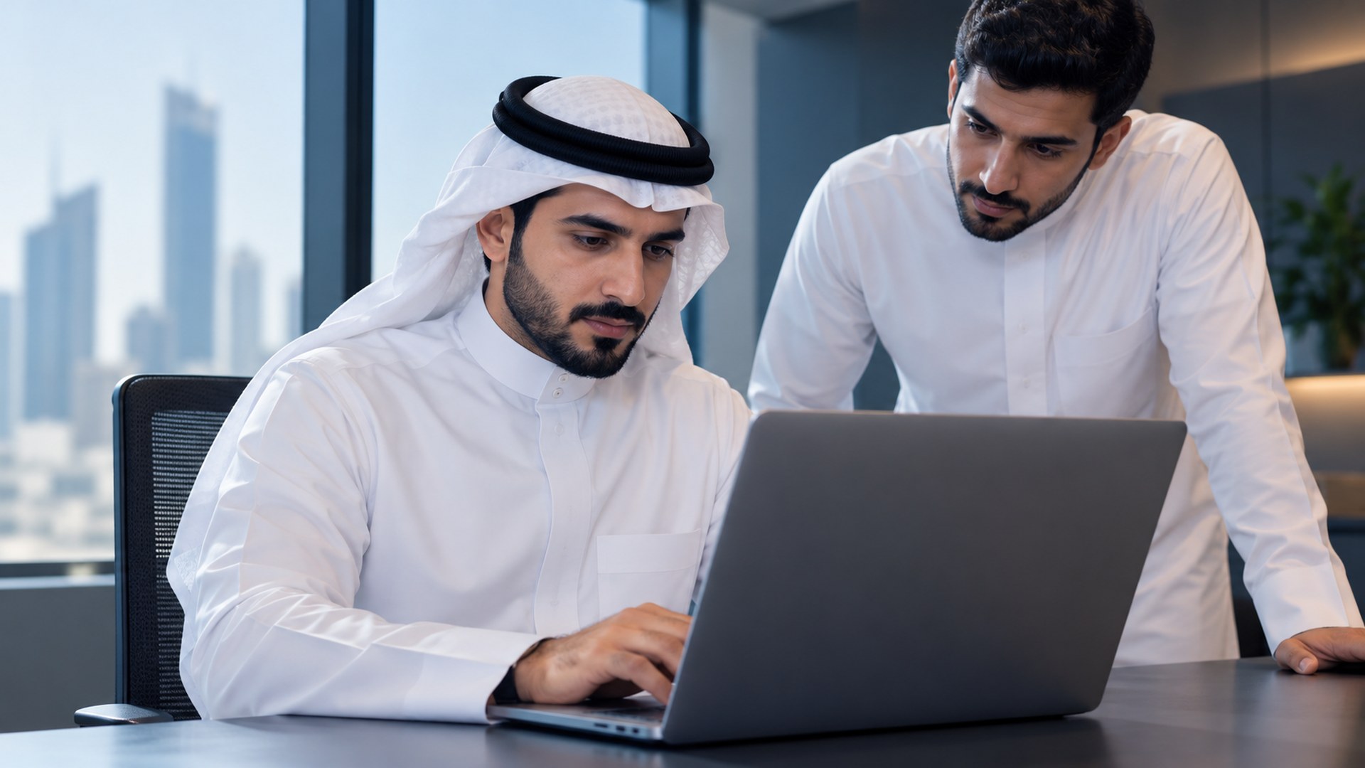 محرر سعودي يراجع المحتوى على اللابتوب مع زميله
