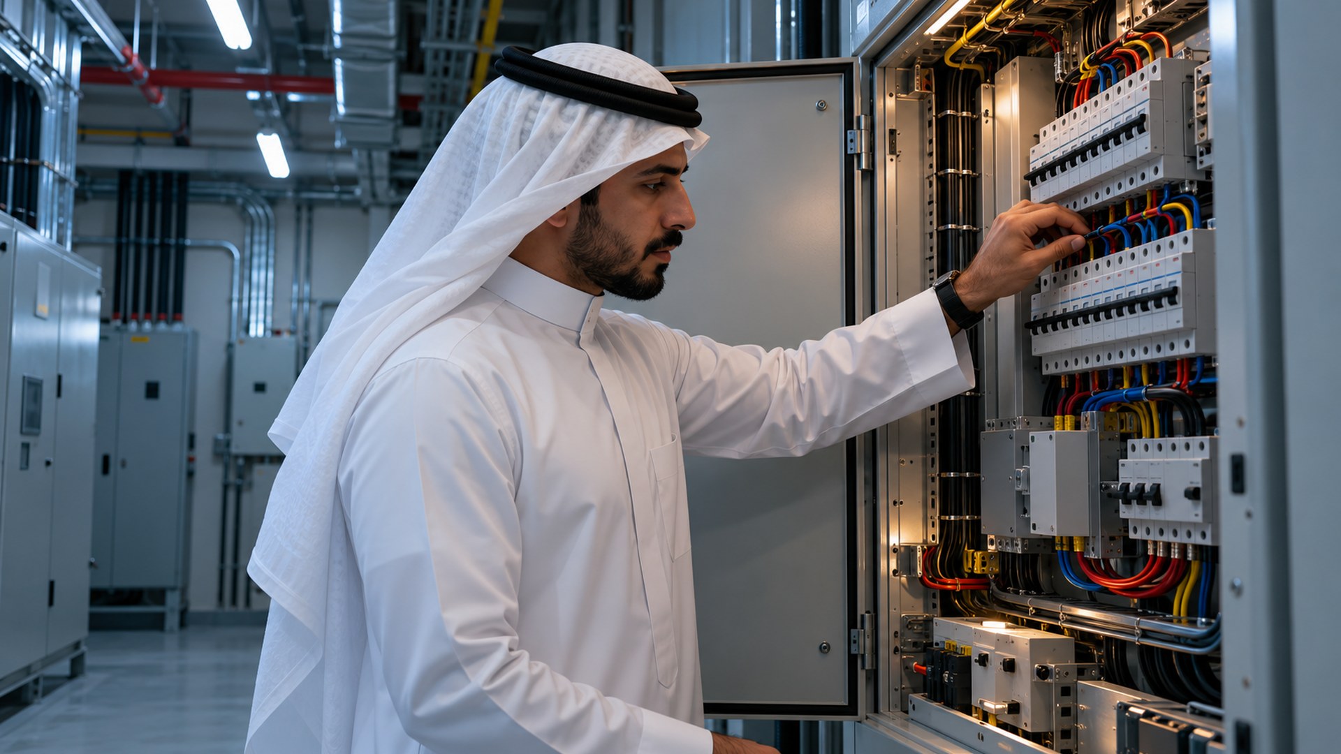 مهندس كهرباء سعودي بملابس حماية يفحص لوحة توزيع كهربائي في غرفة خدمات مبنى