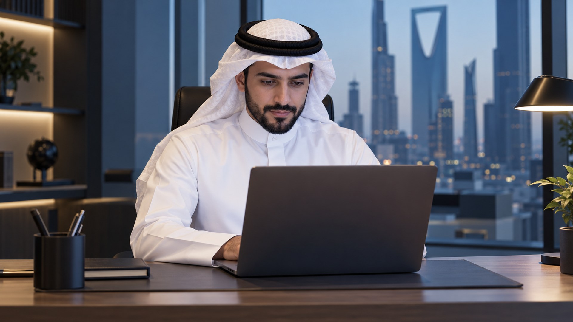 موظف موارد بشرية سعودي يراجع اللابتوب على مكتب مرتب