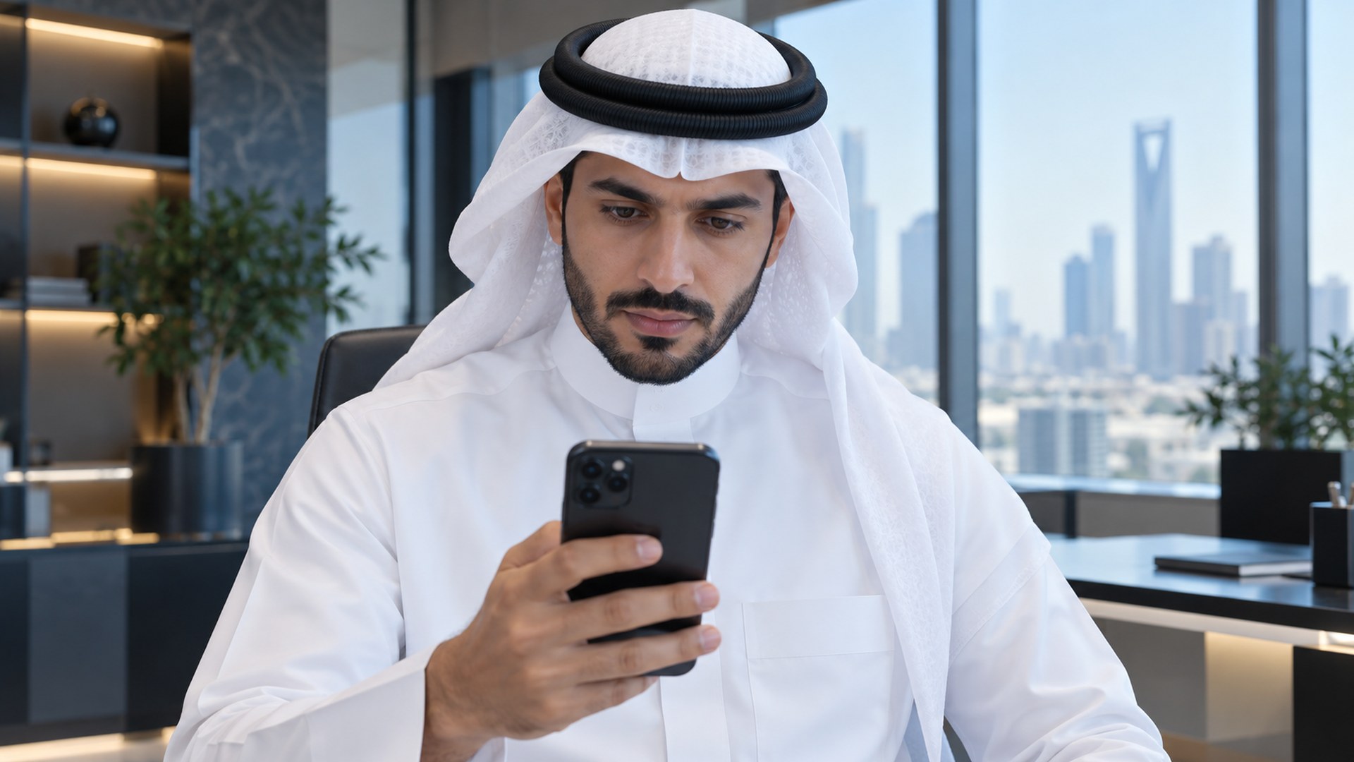 موظف سعودي بالثوب يتأكد من دخول حسابه على شاشة جواله