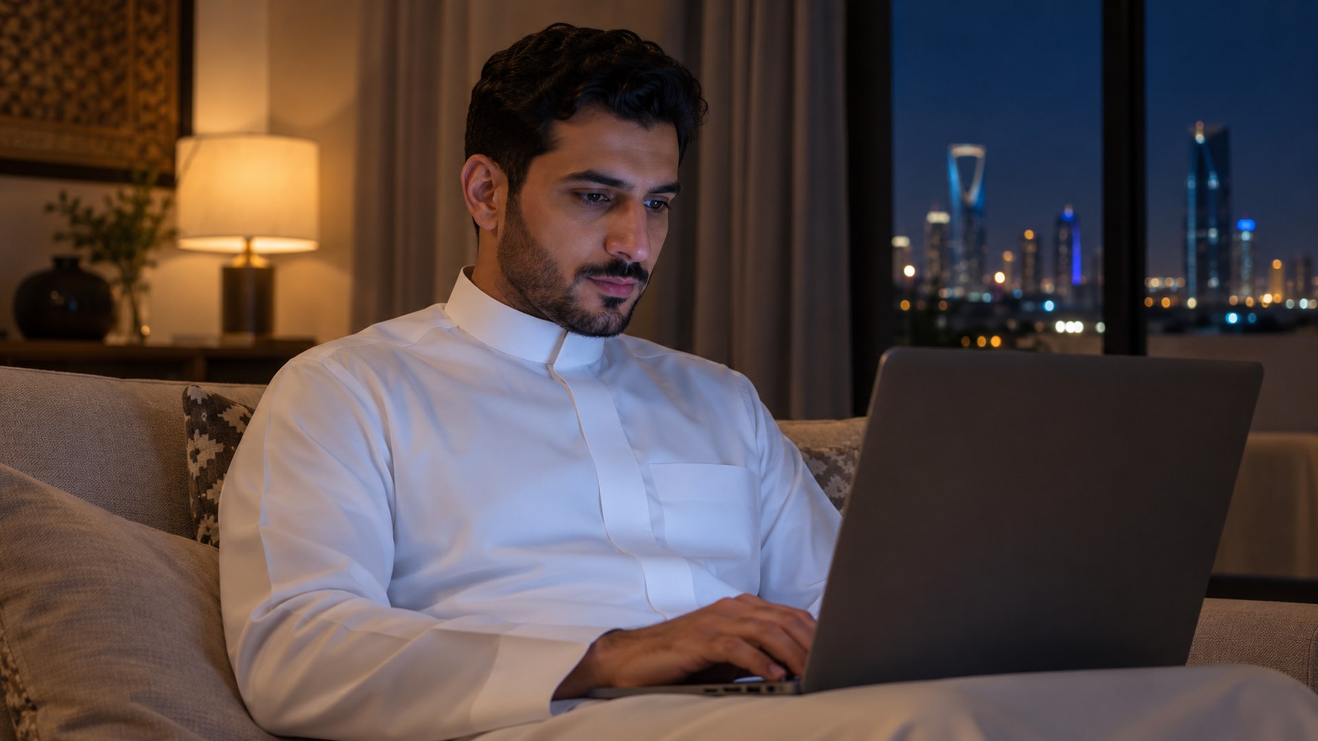 موظف سعودي يعمل على مشروع جانبي صغير من البيت مساءً بعد الدوام