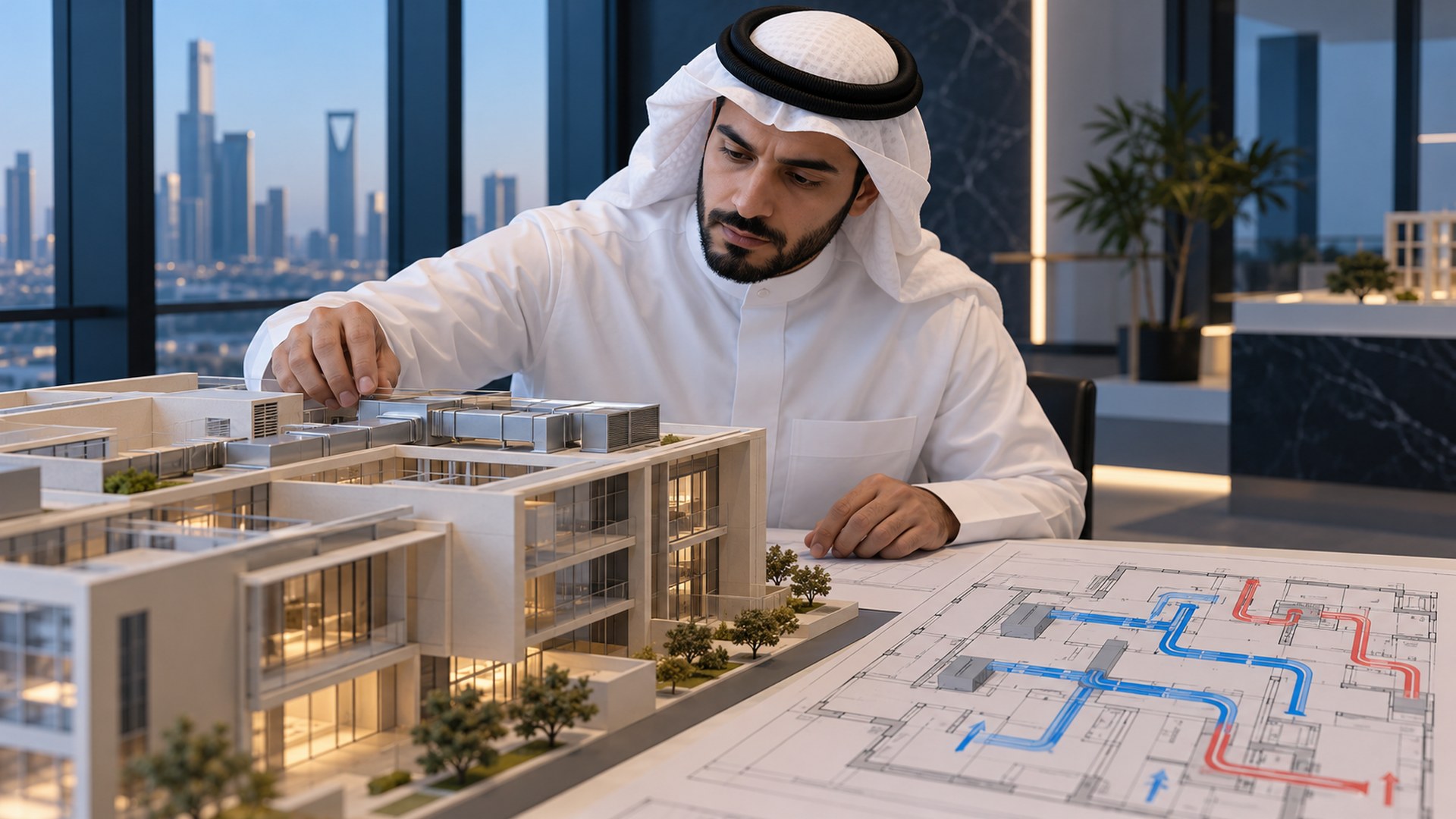 مهندس سعودي يراجع مجسم مبنى بجانب مخطط التهوية