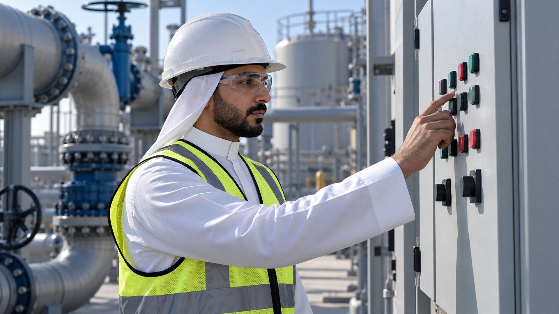 مهندس سعودي بمعدات الحماية يفحص لوحة تحكم المرافق قبل التسليم