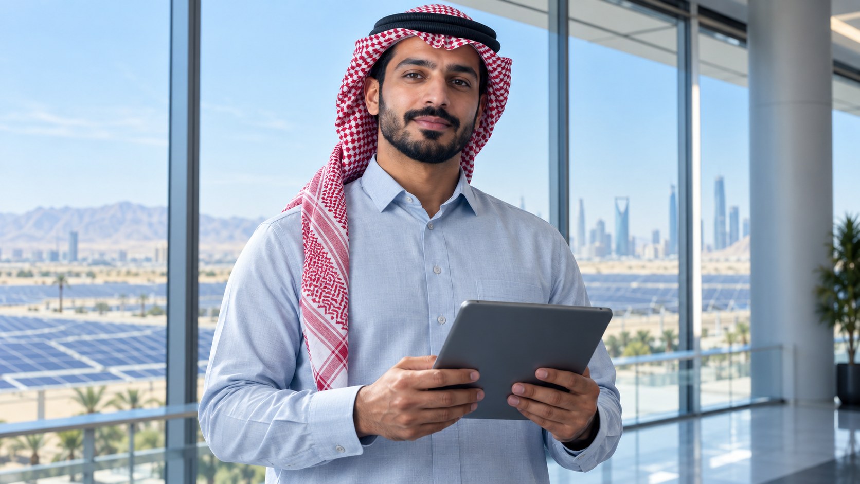مهندس سعودي يحمل جهازاً لوحياً في منشأة حديثة وألواح طاقة شمسية تظهر من النافذة