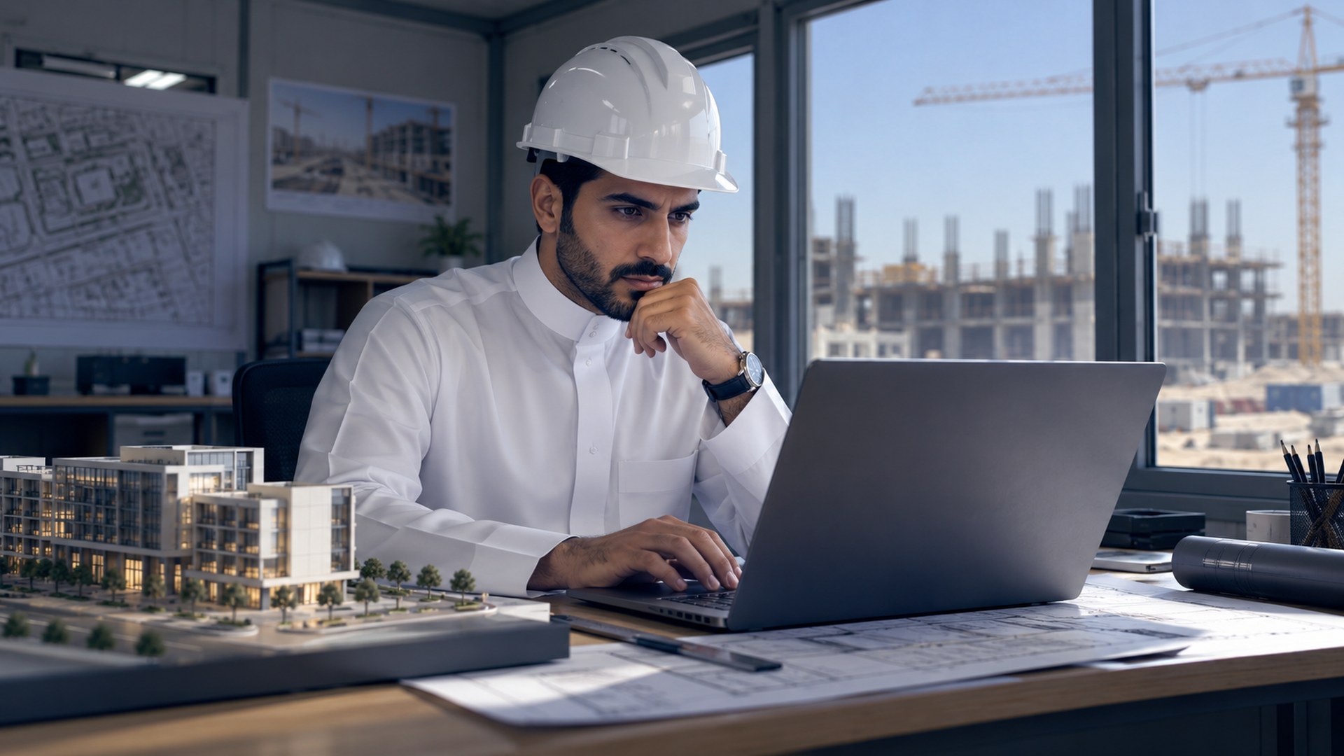 مهندس سعودي بخوذة يراجع نموذج مبنى على اللابتوب في مكتب الموقع
