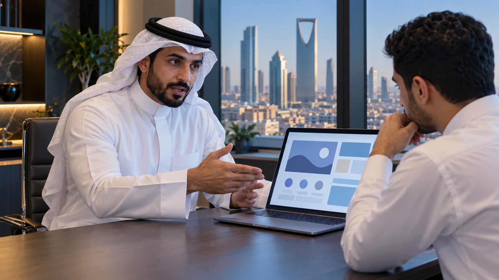 رائد أعمال سعودي يناقش خطة موقع مع زميله على طاولة مكتب صغيرة