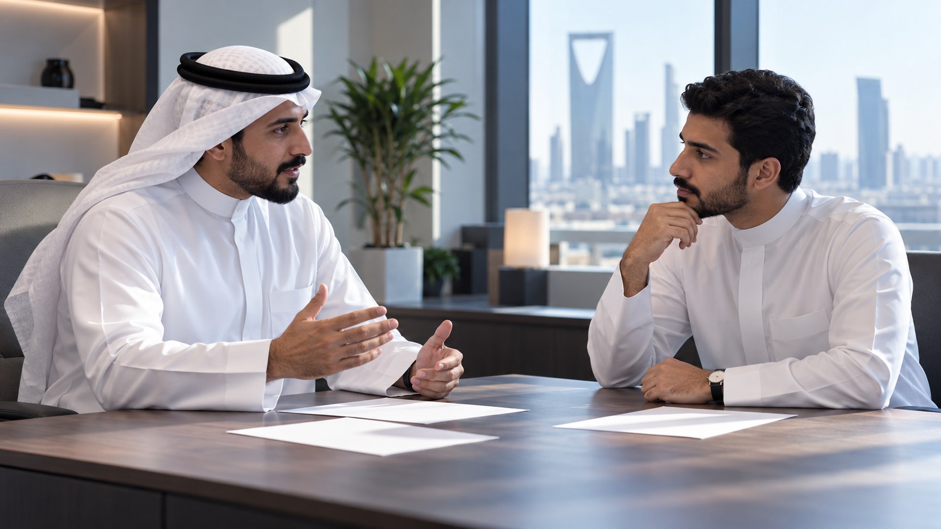 رائد أعمال سعودي يناقش مشروع متجره مع مطور في مكتب مضيء