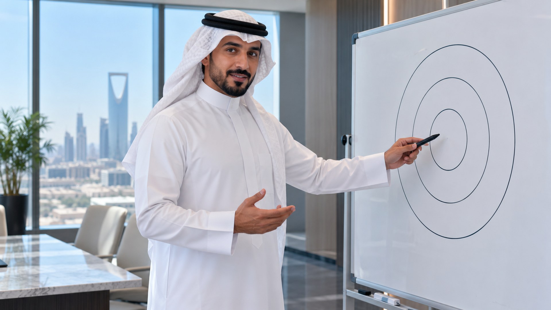 رائد أعمال سعودي يشير إلى رسم يحدد الفئة المستهدفة على سبورة