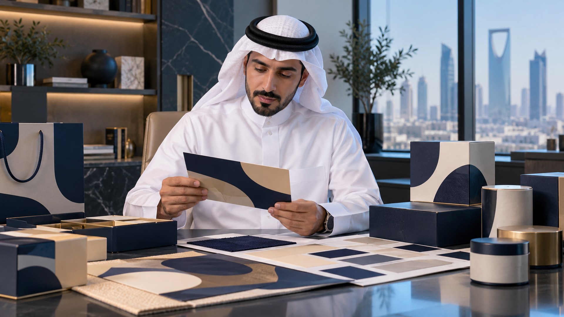 رائد أعمال سعودي يراجع عينات تغليف وتصاميم هوية متناسقة على مكتبه