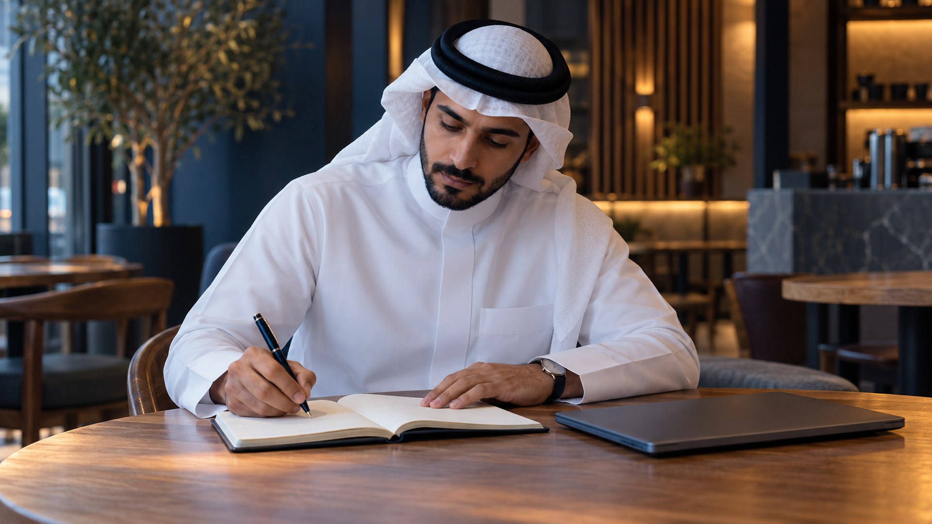 رائد أعمال سعودي في مقهى يكتب أفكار منتجه وملاحظات عملائه في دفتر
