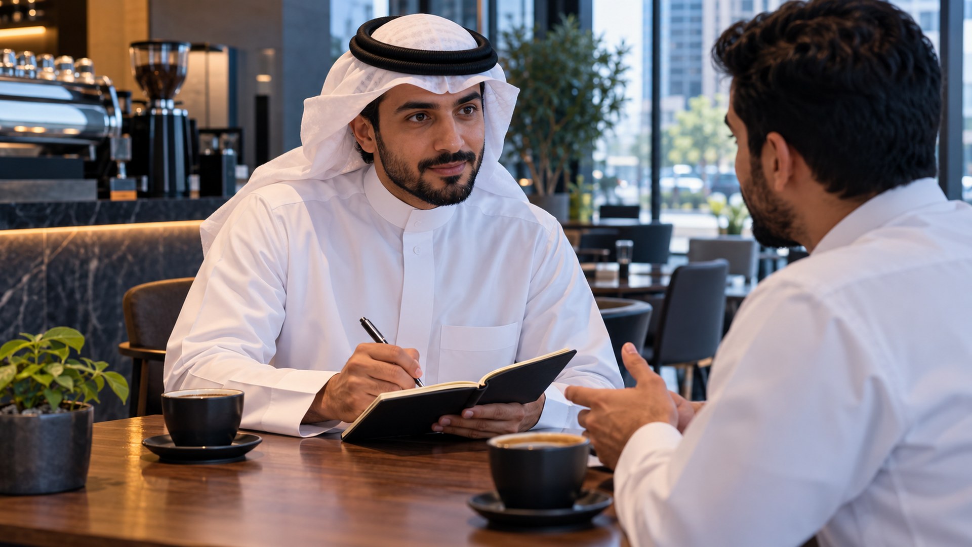 رائد أعمال سعودي يتحدث مع عميل محتمل في مقهى هادئ ويدوّن ملاحظاته