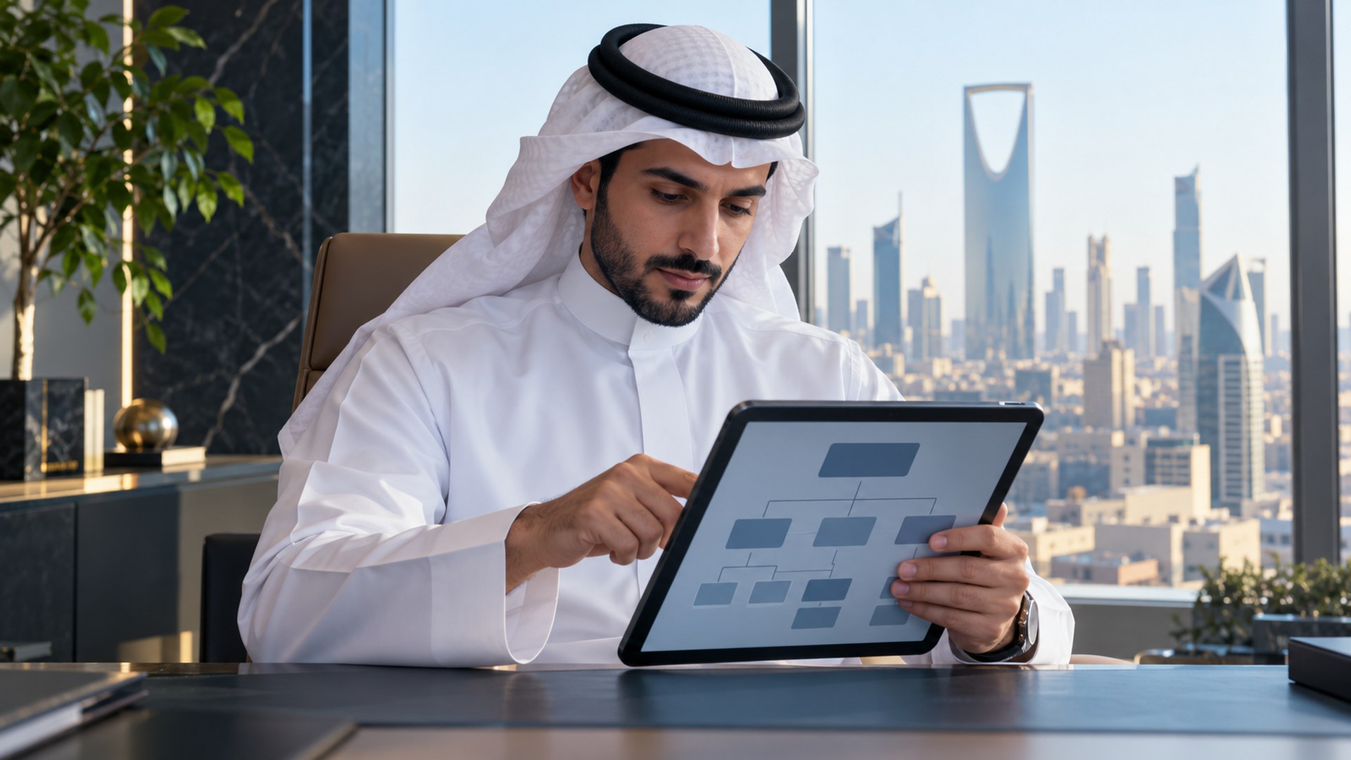 رائد أعمال سعودي بالثوب يراجع مخطط هيكل موقع على جهاز لوحي في مكتب بالرياض