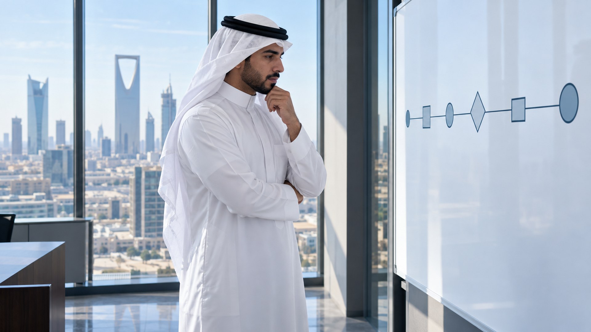 رائد أعمال سعودي بالثوب يتأمل خطاً زمنياً للأعمال على سبورة في مكتب مضيء